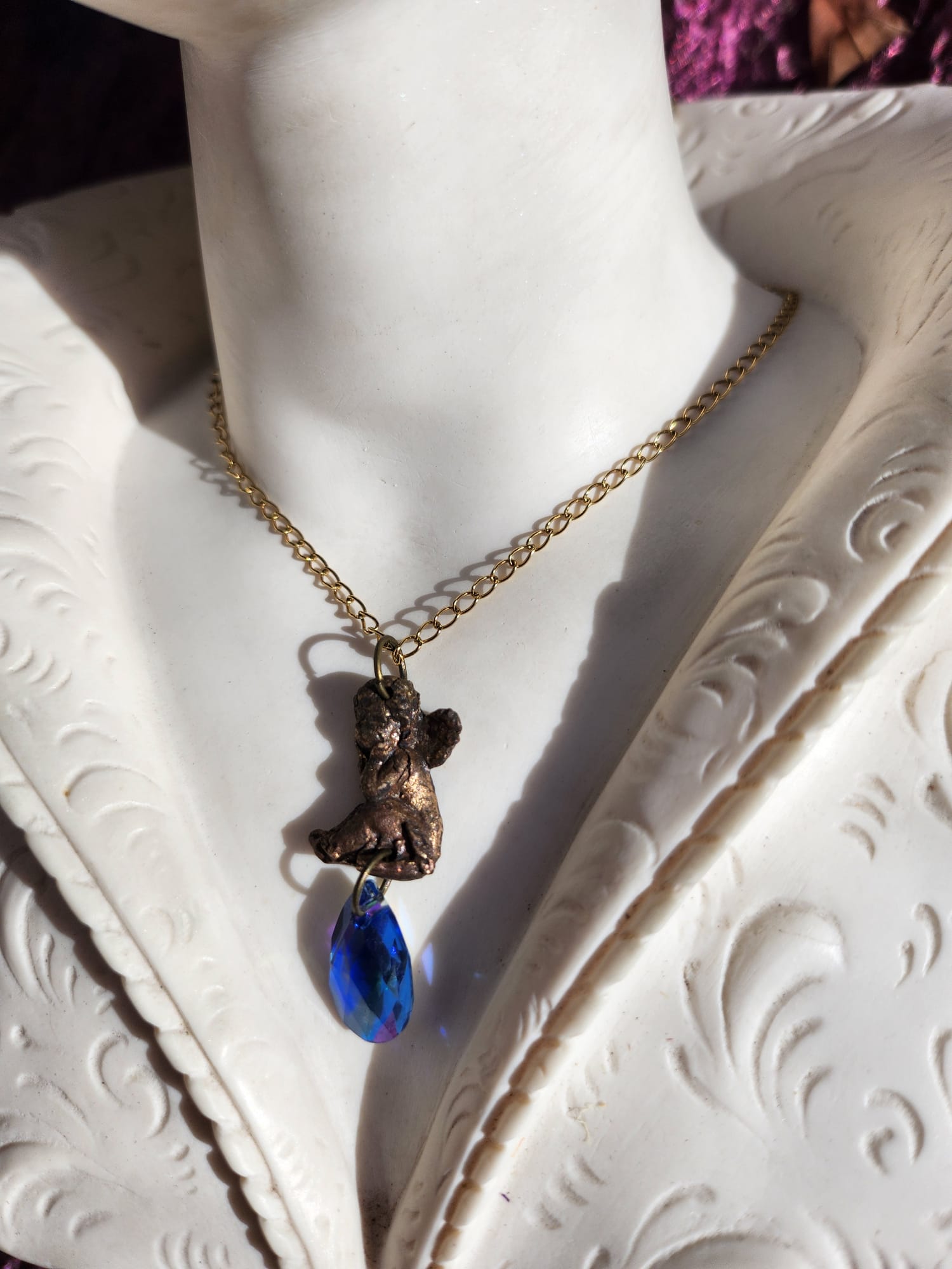 Echoes of Heaven - Angel in Bronze with Electric Blue Crystal Drop - Angelcore Gift – Celestial Spiritual Charm - Guardian Angel Necklace