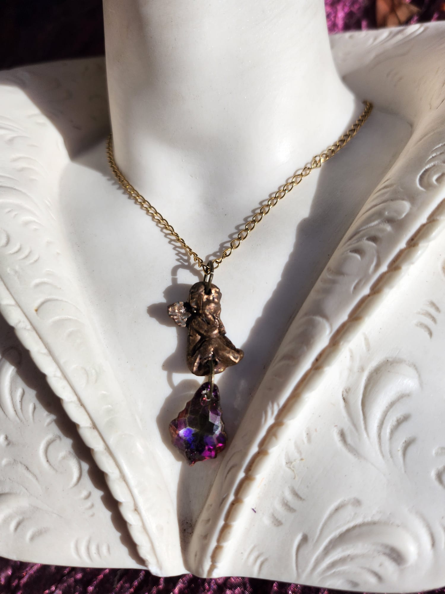 Echoes of Heaven - Bronze Angel with Fuchsia Aurora Crystal - Angelcore Gift - Celestial Spiritual Charm - Guardian Angel Necklace
