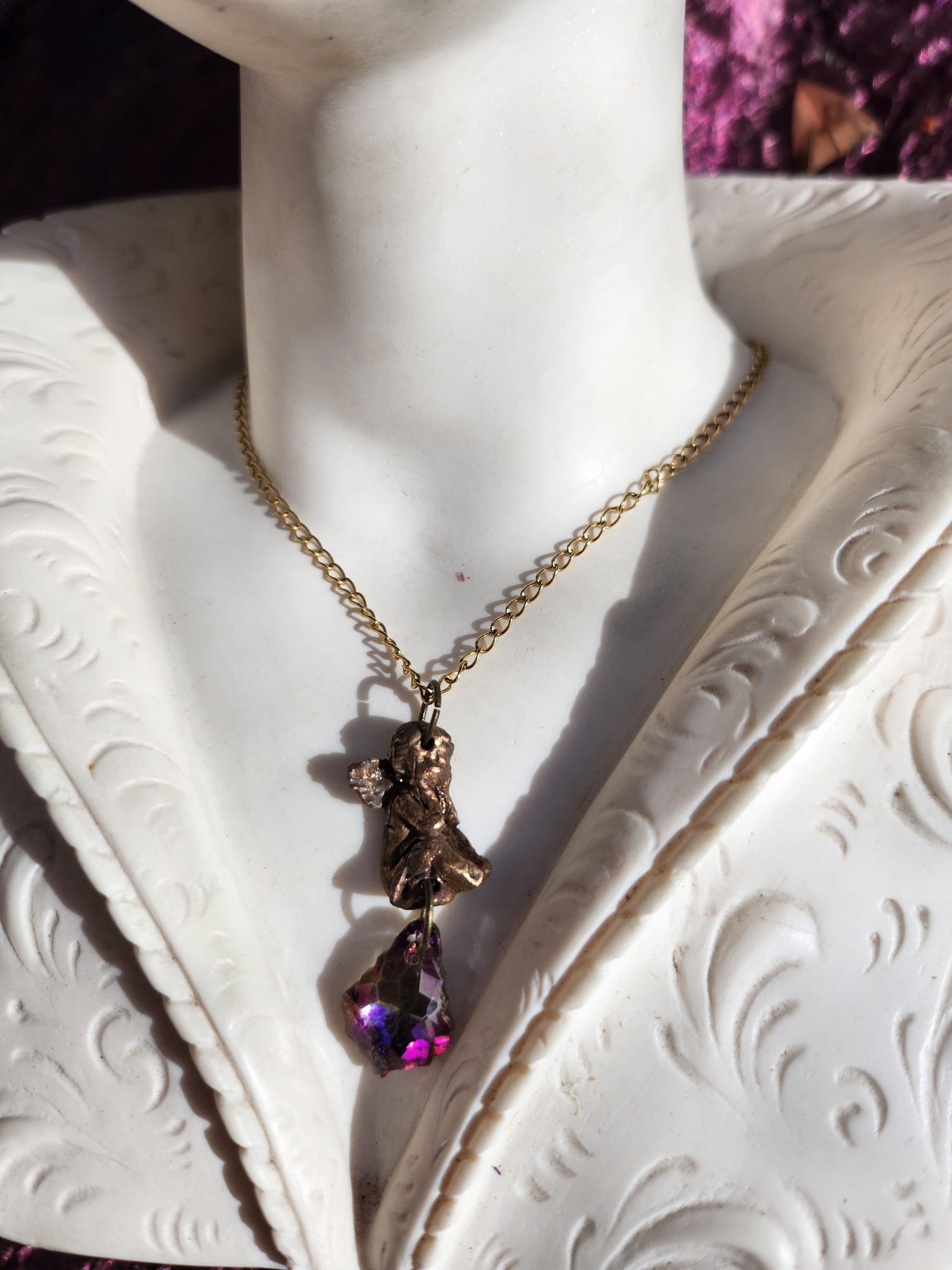 Echoes of Heaven - Bronze Angel with Fuchsia Aurora Crystal - Angelcore Gift - Celestial Spiritual Charm - Guardian Angel Necklace