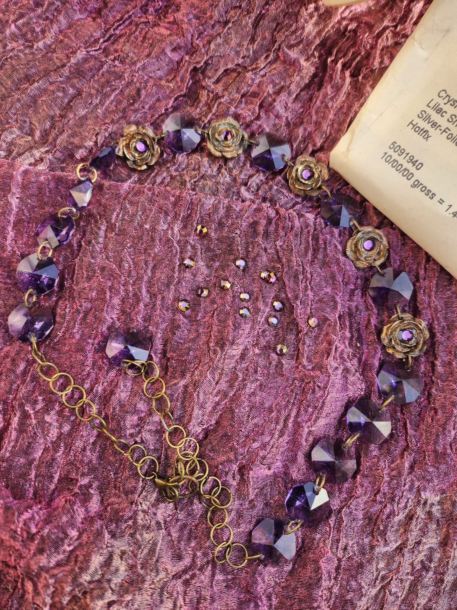 Handmade Brass Necklace with Purple Crystals and Floral Accents – One-of-a-Kind Vintage-Inspired Jewelry