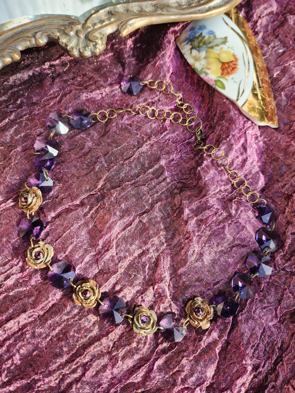 Handmade Brass Necklace with Purple Crystals and Floral Accents – One-of-a-Kind Vintage-Inspired Jewelry