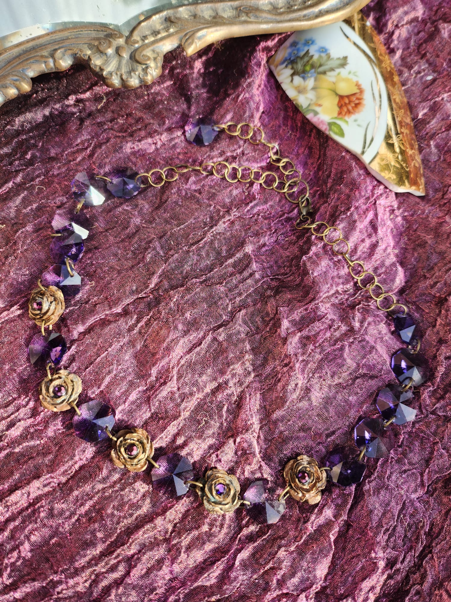 Handmade Brass Necklace with Purple Crystals and Floral Accents – One-of-a-Kind Vintage-Inspired Jewelry