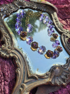 Handmade Brass Necklace with Purple Crystals and Floral Accents – One-of-a-Kind Vintage-Inspired Jewelry