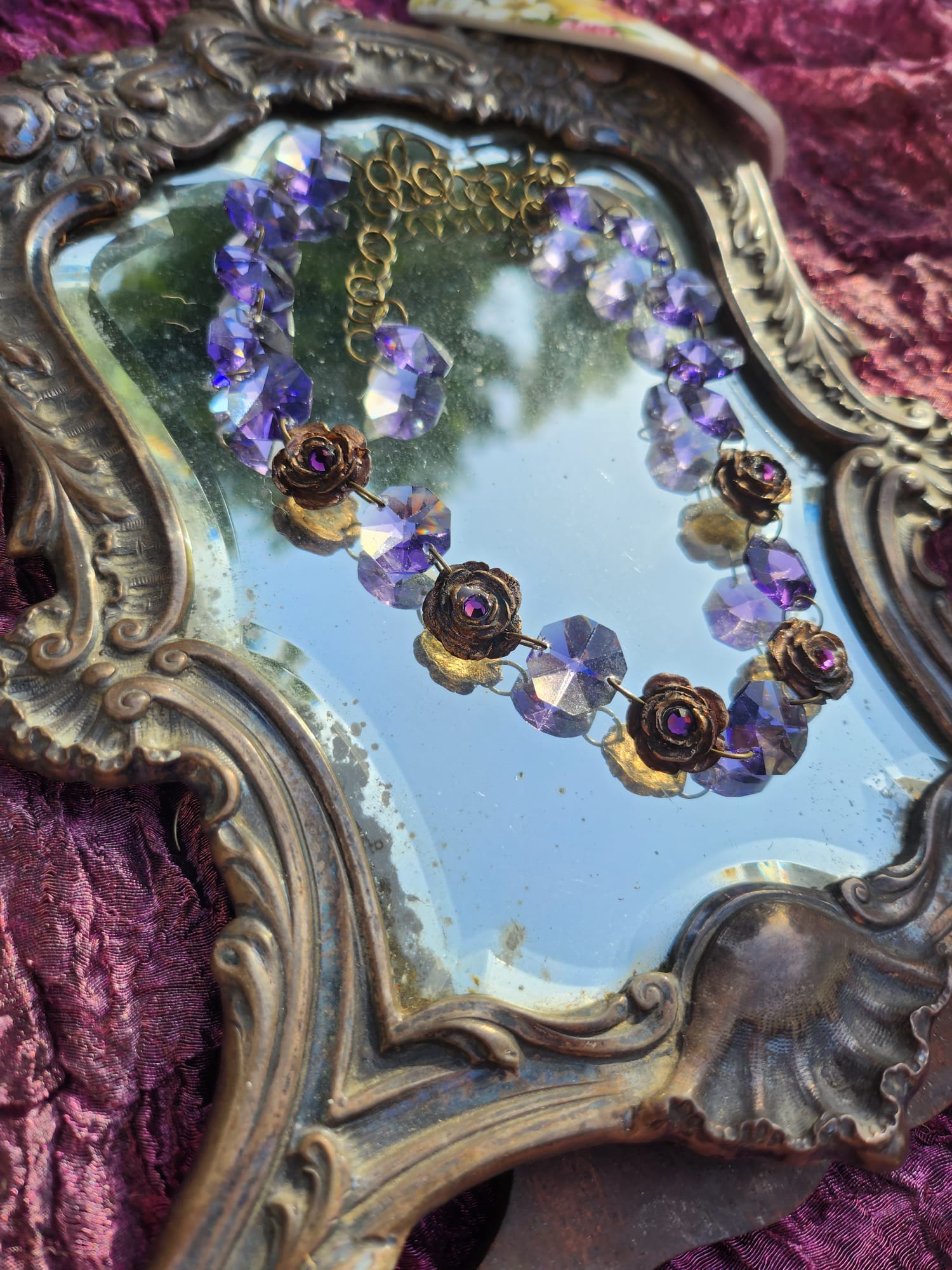 Handmade Brass Necklace with Purple Crystals and Floral Accents – One-of-a-Kind Vintage-Inspired Jewelry