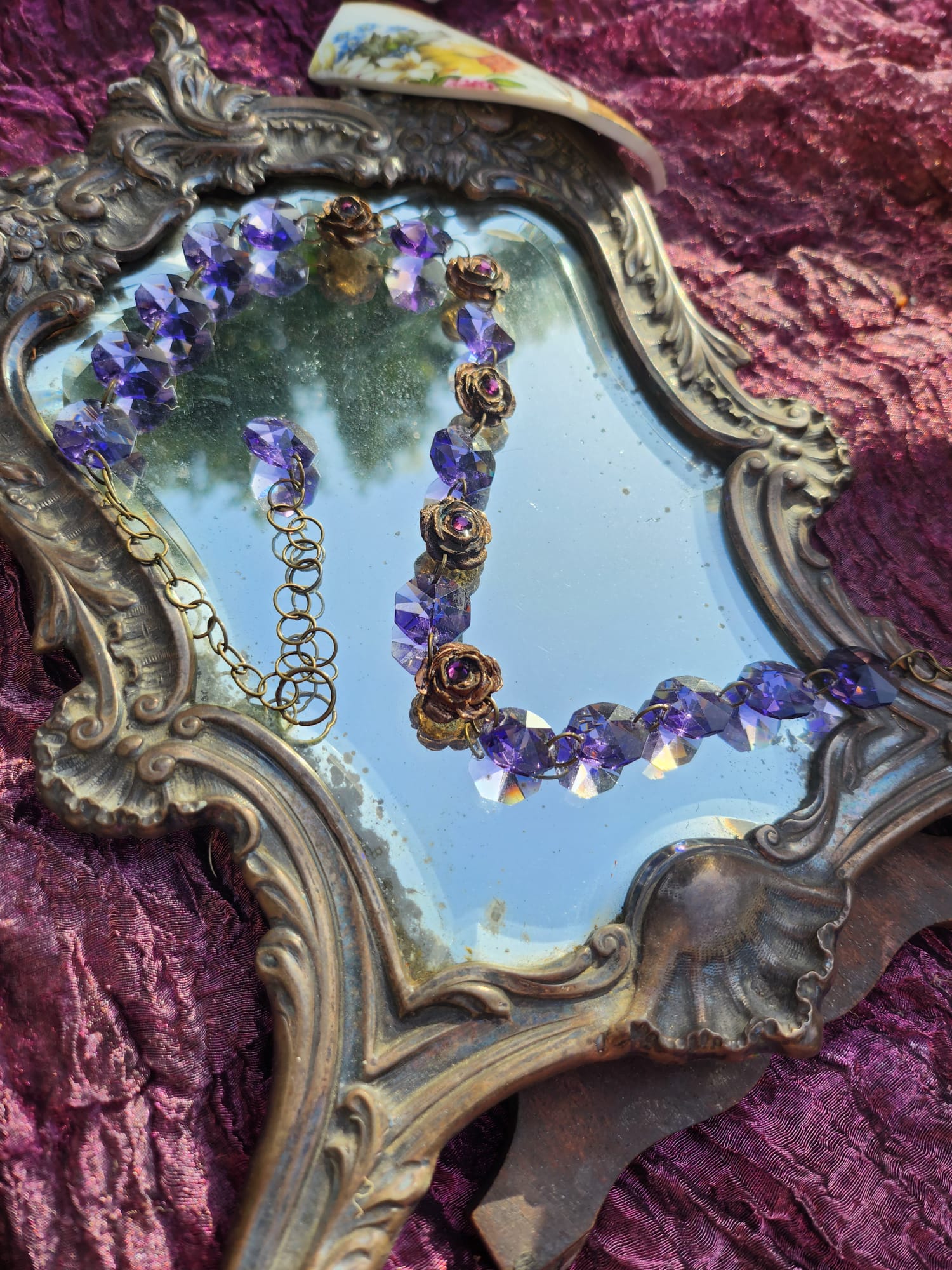 Handmade Brass Necklace with Purple Crystals and Floral Accents – One-of-a-Kind Vintage-Inspired Jewelry