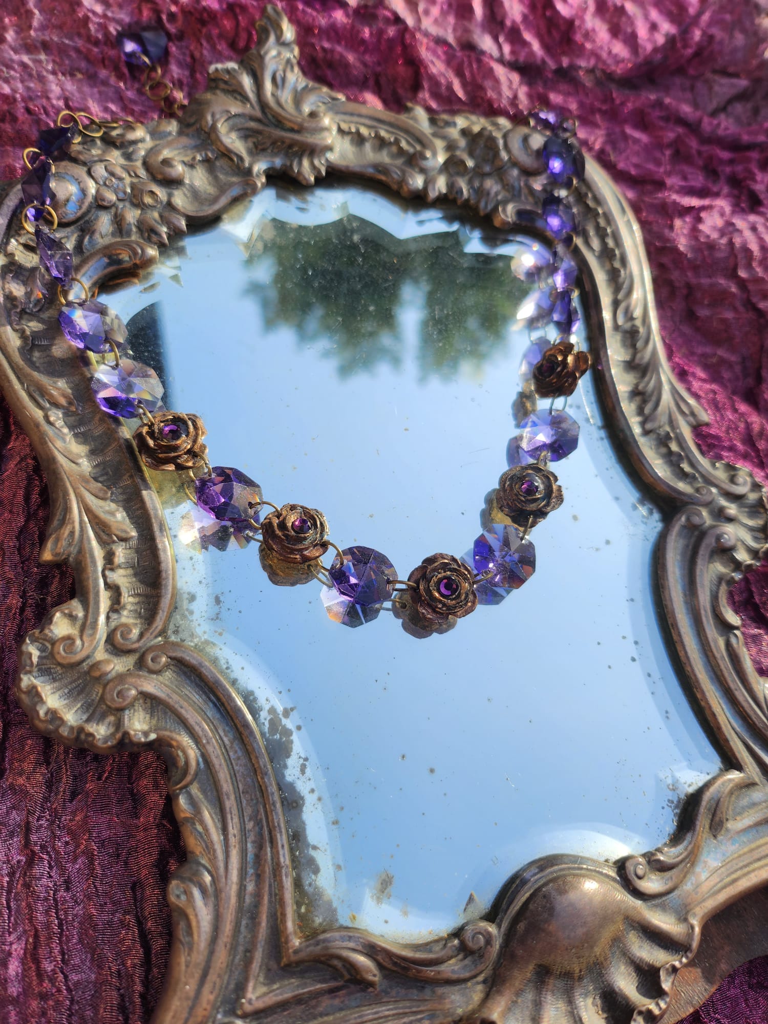 Handmade Brass Necklace with Purple Crystals and Floral Accents – One-of-a-Kind Vintage-Inspired Jewelry