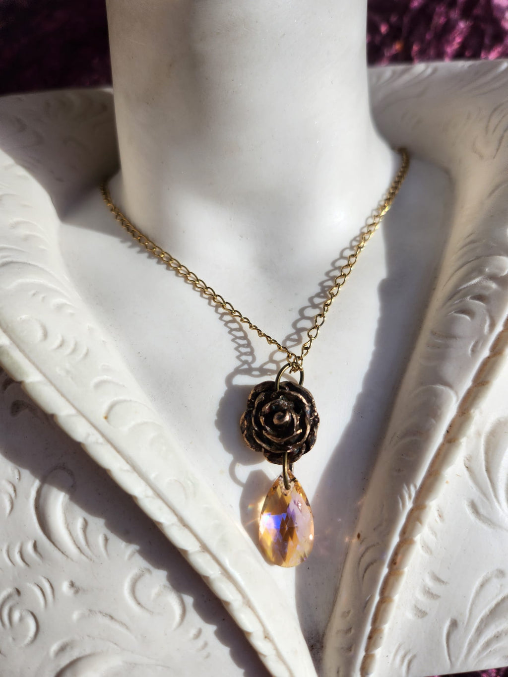 Handmade Bronze Rose Necklace with Salmon Peach Crystal – Vintage Boho Romantic Pendant