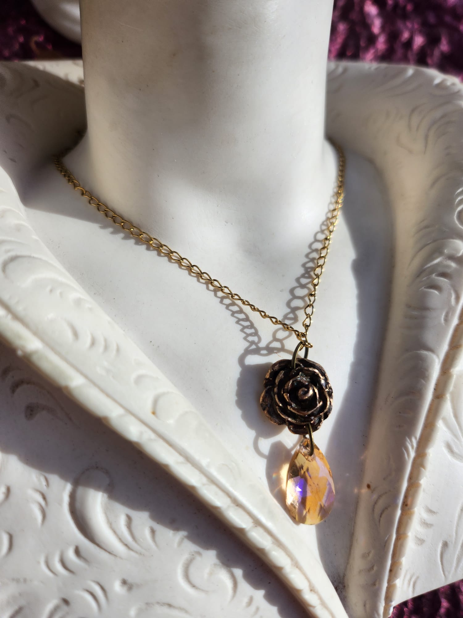 Handmade Bronze Rose Necklace with Salmon Peach Crystal – Vintage Boho Romantic Pendant