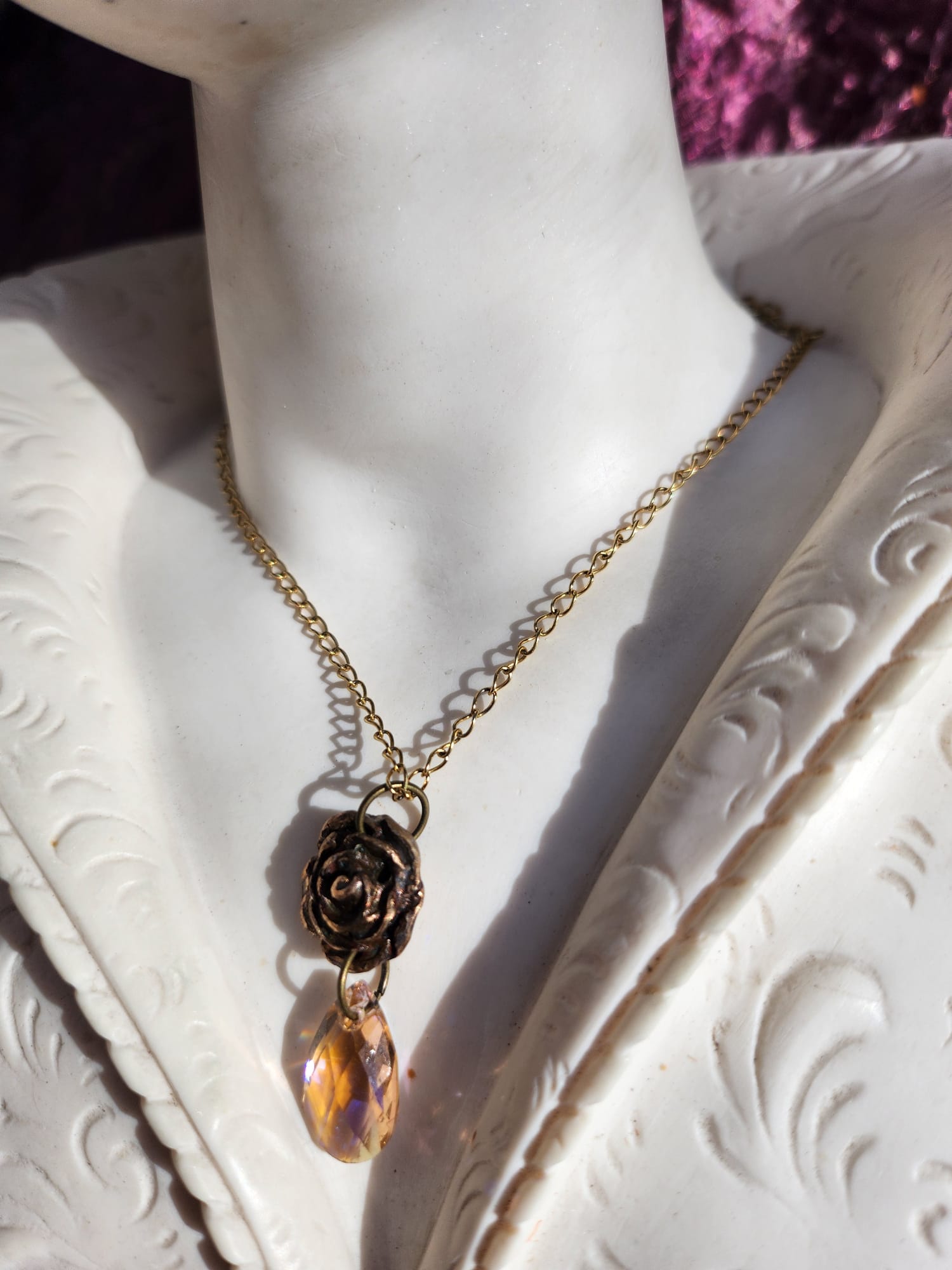 Handmade Bronze Rose Necklace with Salmon Peach Crystal – Vintage Boho Romantic Pendant