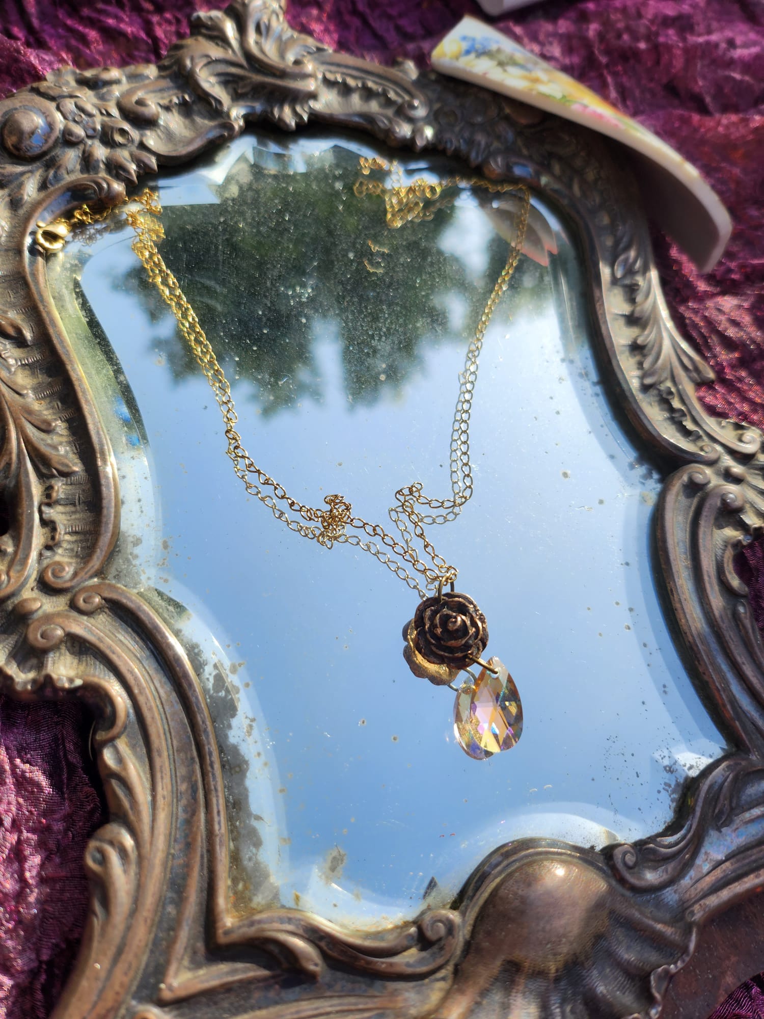 Handmade Bronze Rose Necklace with Salmon Peach Crystal – Vintage Boho Romantic Pendant