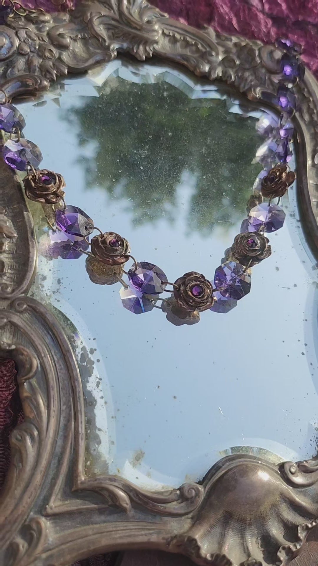 Handmade Brass Necklace with Purple Crystals and Floral Accents – One-of-a-Kind Vintage-Inspired Jewelry