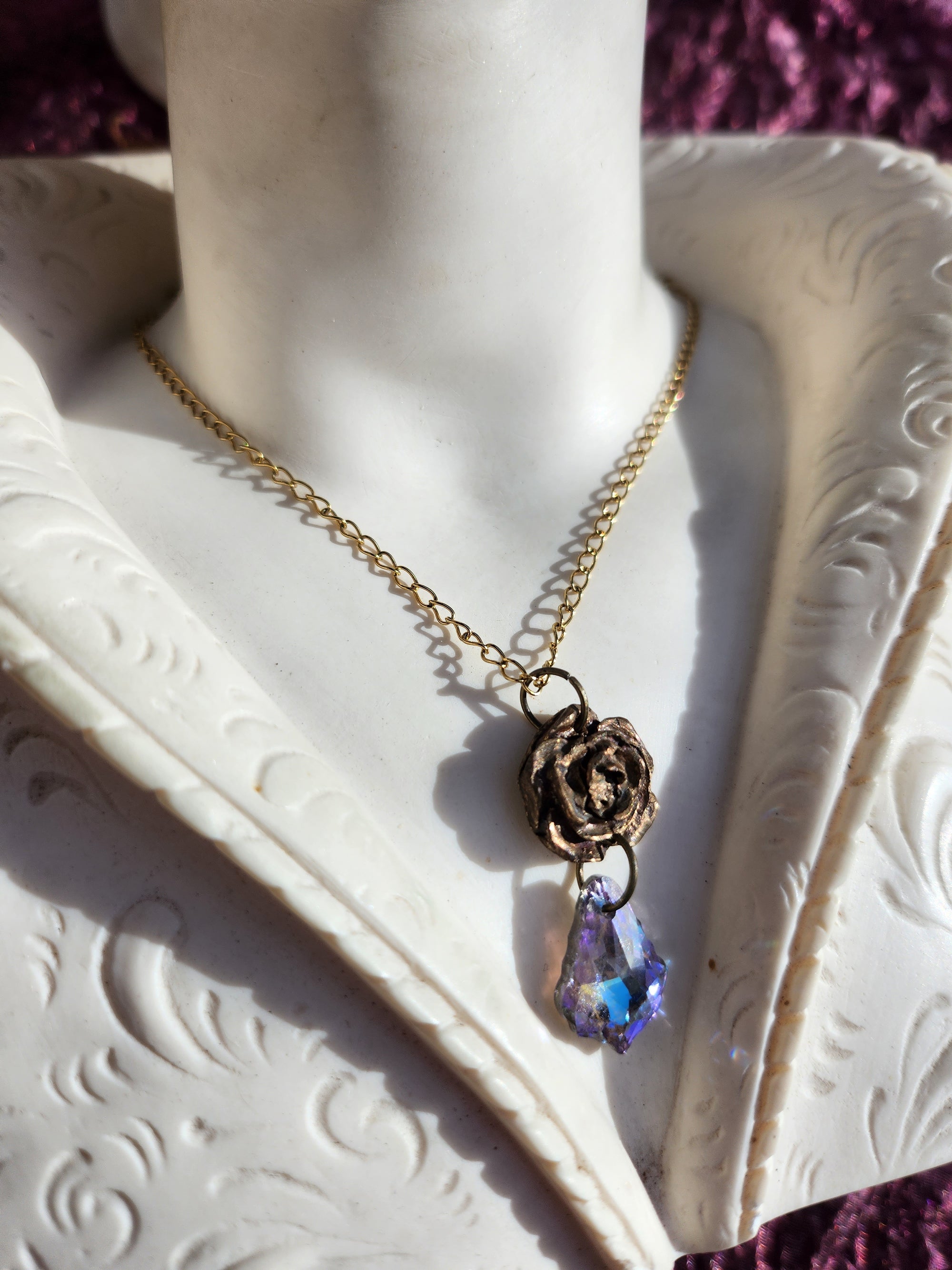 Handmade Bronze Rose Necklace with Lilac Crystal – Whimsical Fairycore Jewelry