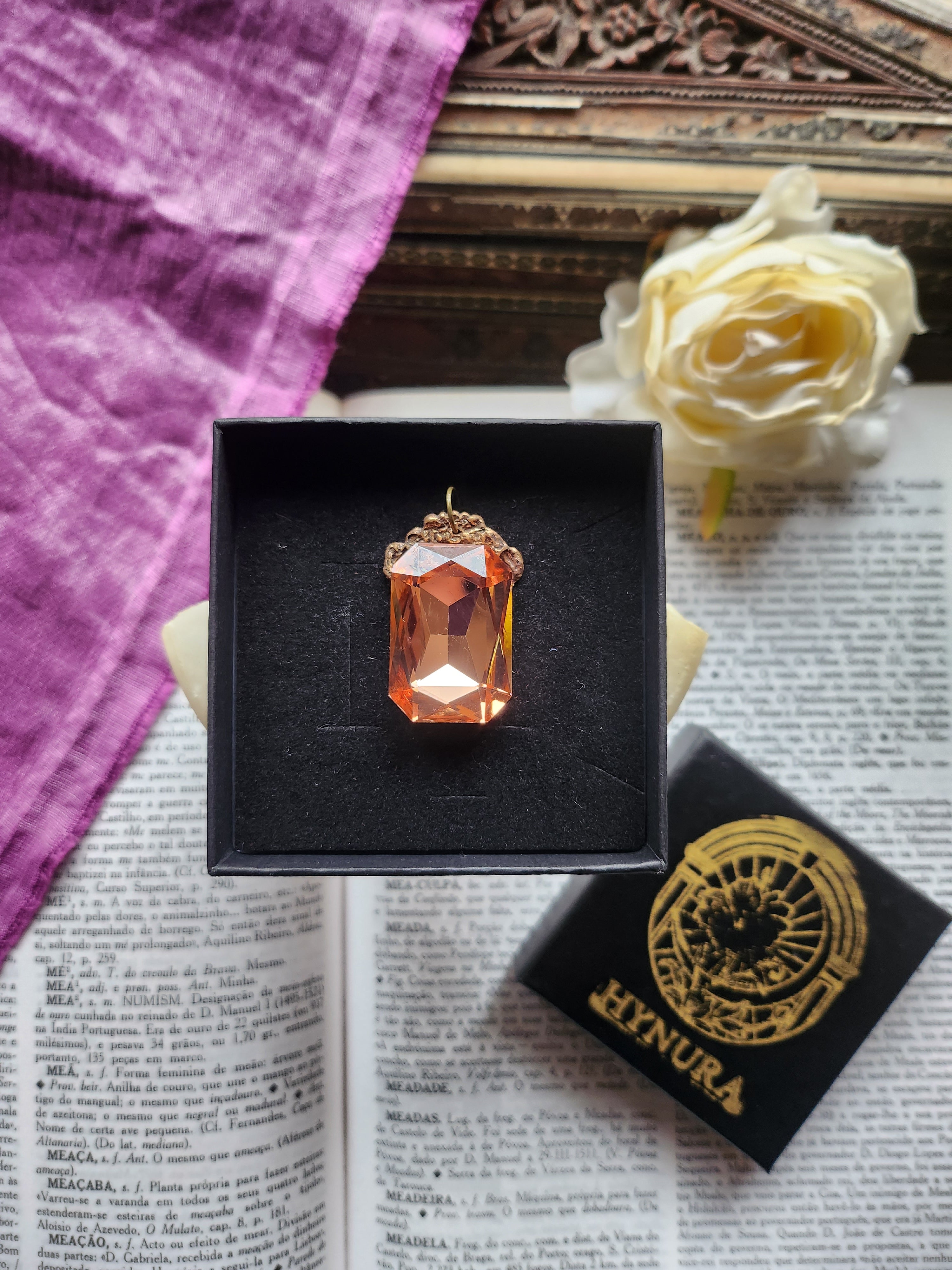 Mystic Baroque Collection - Handmade Bronze Pendant with Salmon Octagon Crystal