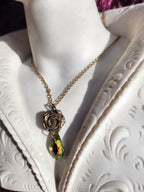 Handmade Bronze Rose Pendant with Pink Green Crystal – Vintage Boho Jewelry for Women