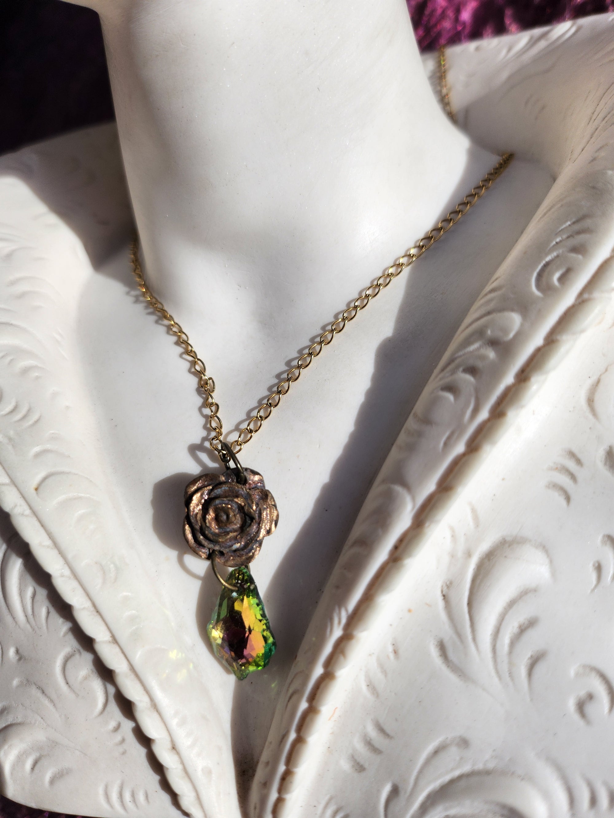 Handmade Bronze Rose Pendant with Pink Green Crystal – Vintage Boho Jewelry for Women