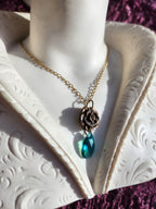 Handmade Bronze Rose Necklace with Emerald Blue Crystal – Bold Vintage Statement Jewelry