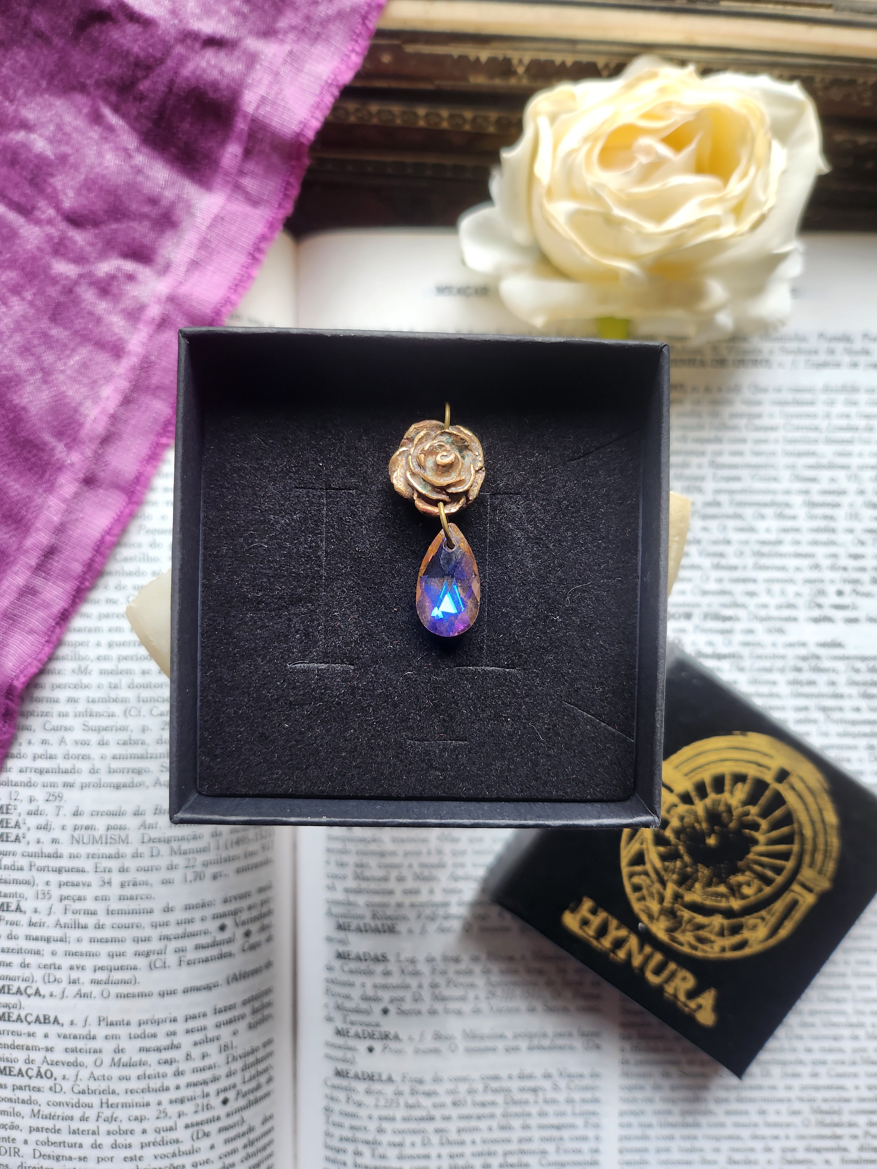 Rosarium Collection - Handmade Bronze Rose Pendant with Salmon Crystal