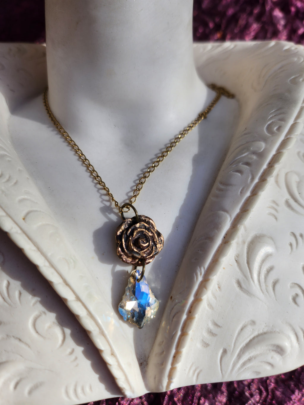 Handmade Bronze Rose Necklace with White Crystal – Elegant Vintage Wedding Jewelry