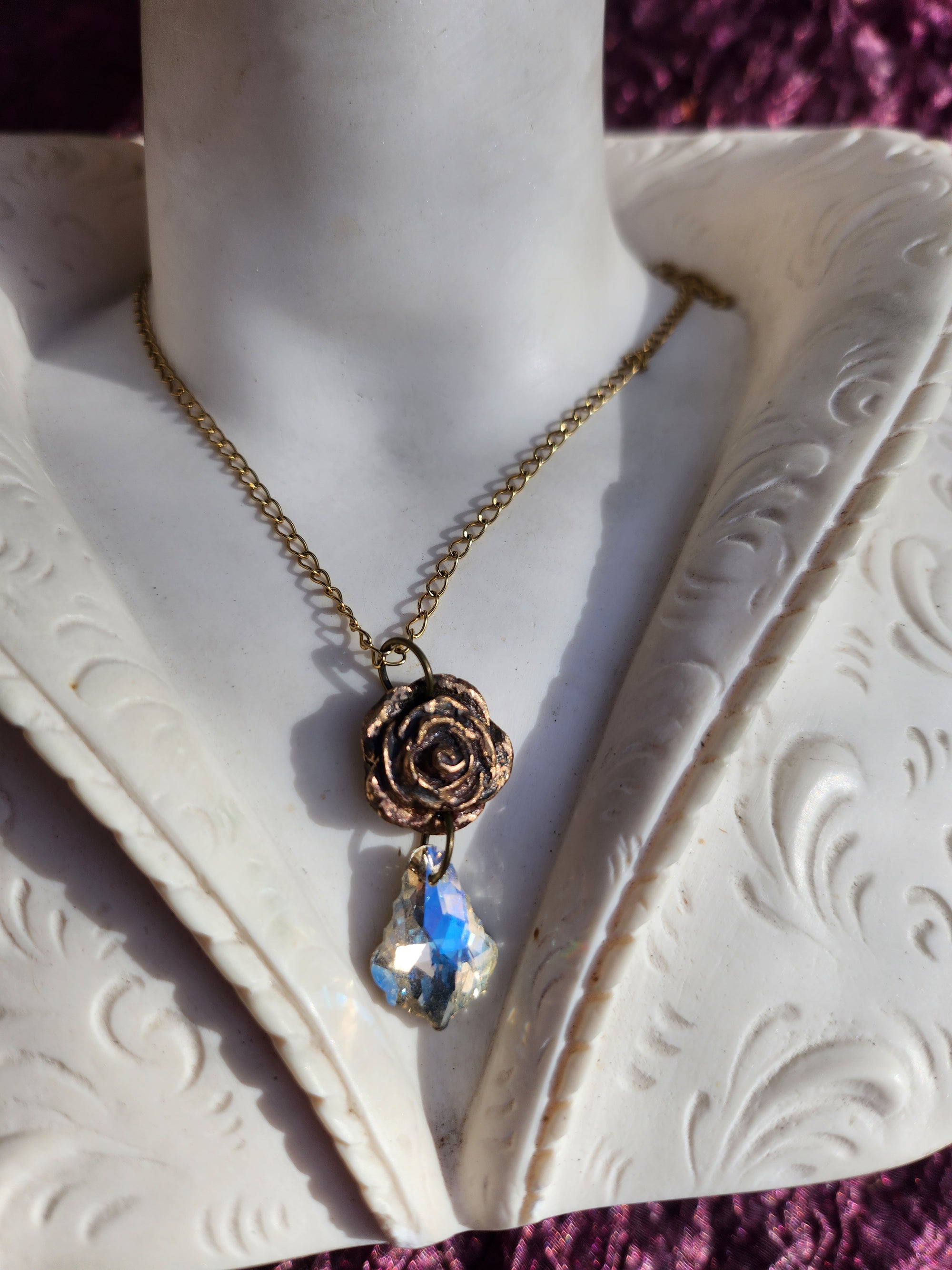 Handmade Bronze Rose Necklace with White Crystal – Elegant Vintage Wedding Jewelry