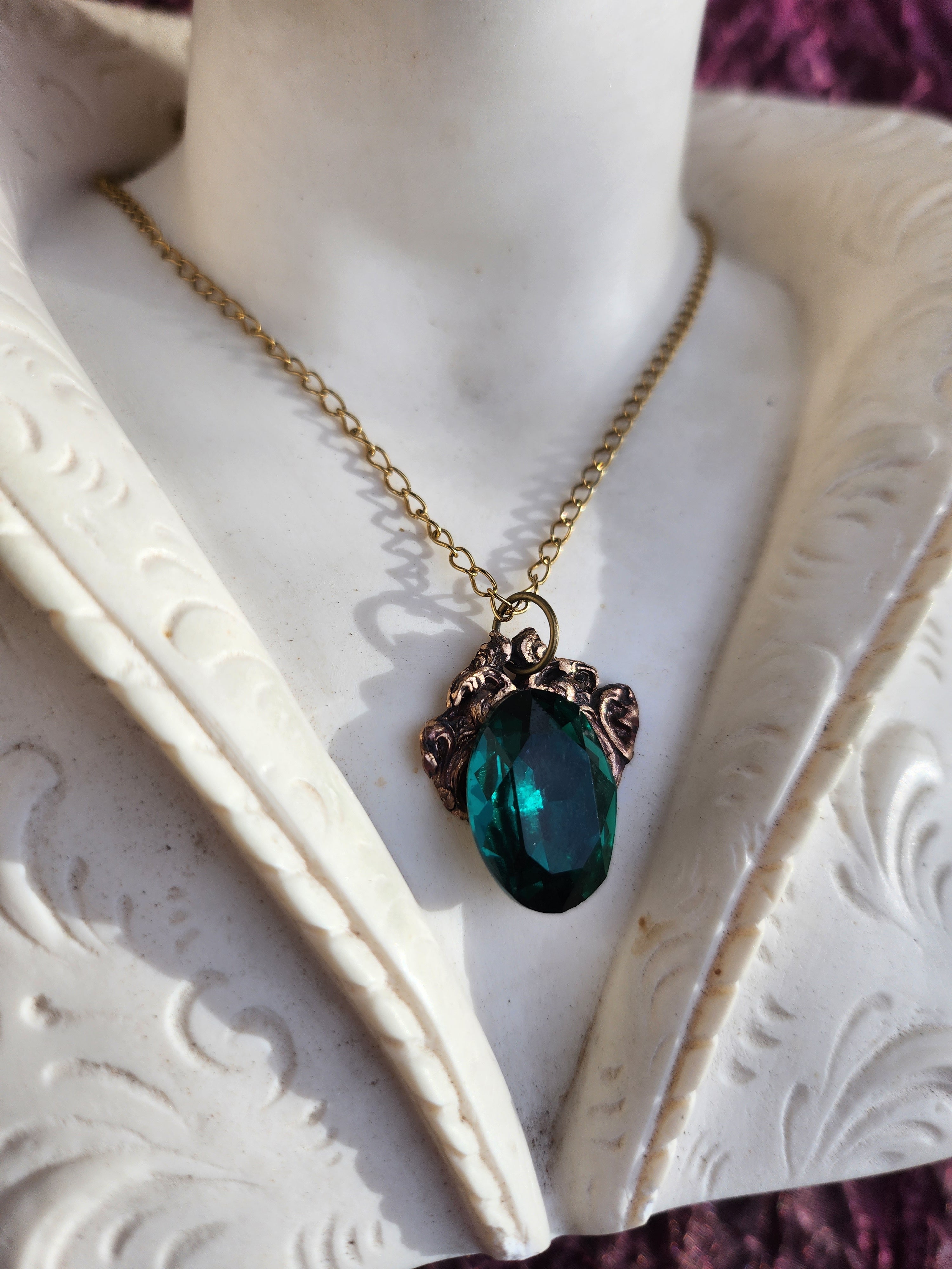 Arcane Resonance Collection – Handmade Bronze Pendant with Emerald Green Oval Crystal