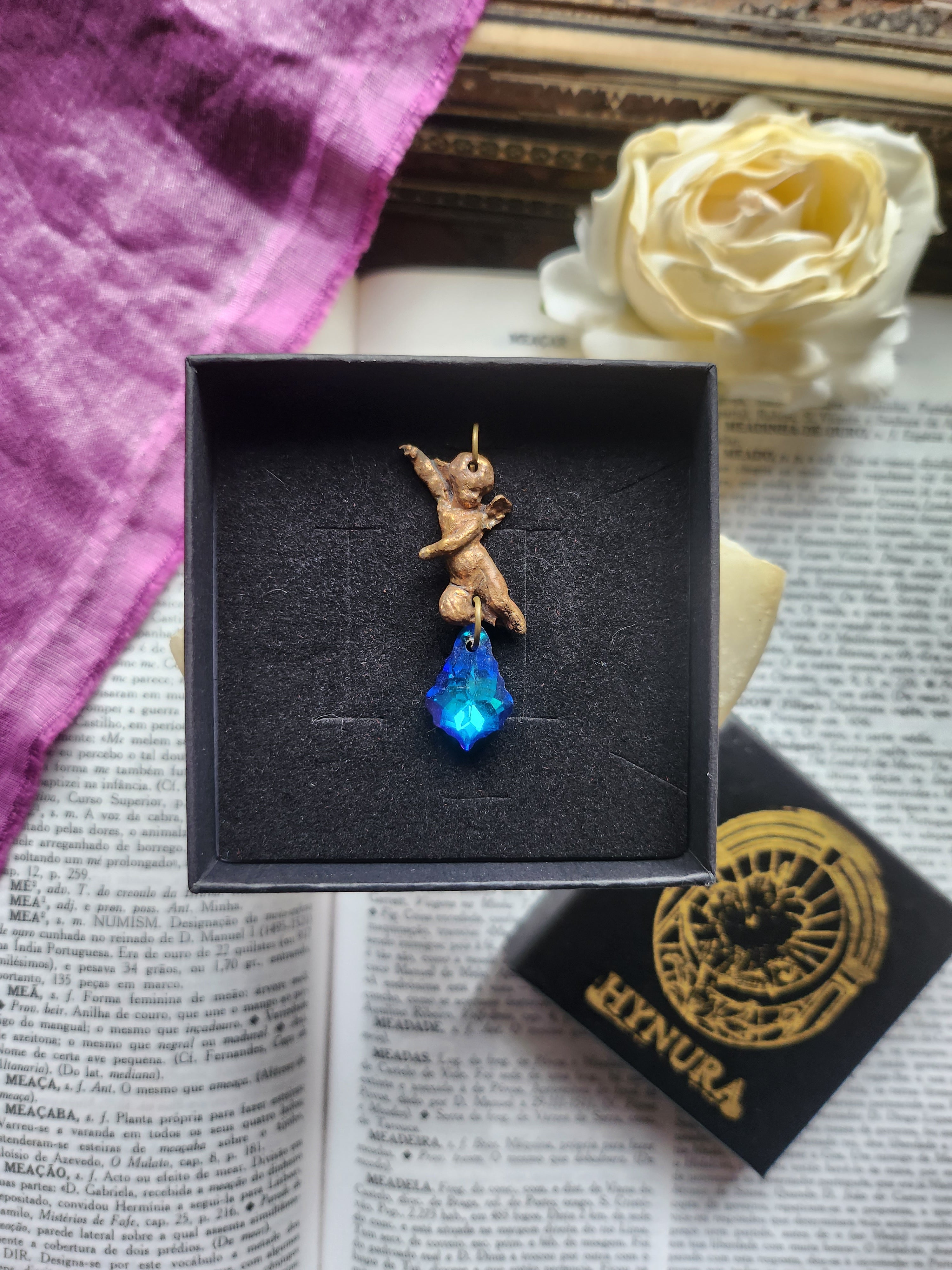 Echoes of Heaven Collection - Handmade Bronze Angel Pendant with Deep Sapphire Crystal