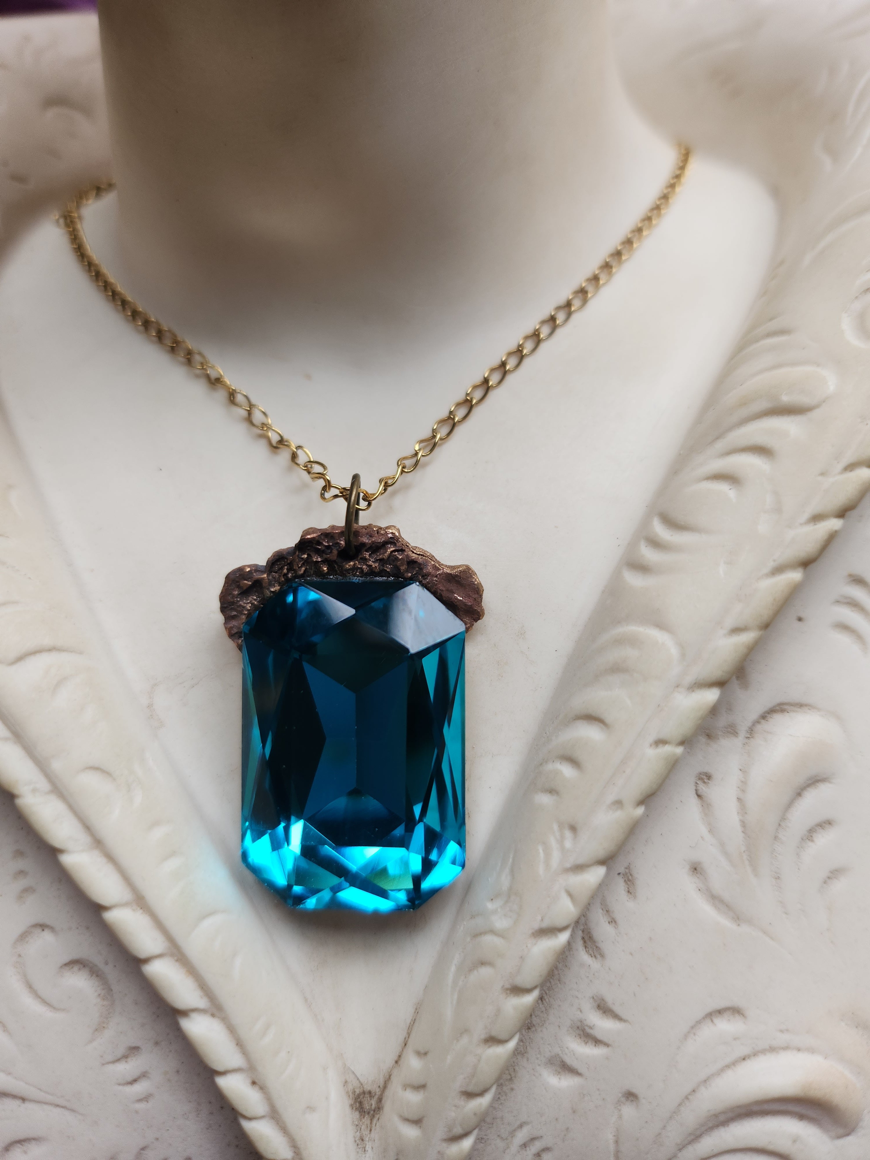 Mystic Baroque Collection - Handmade Bronze Pendant with Electric Blue Octagon Crystal