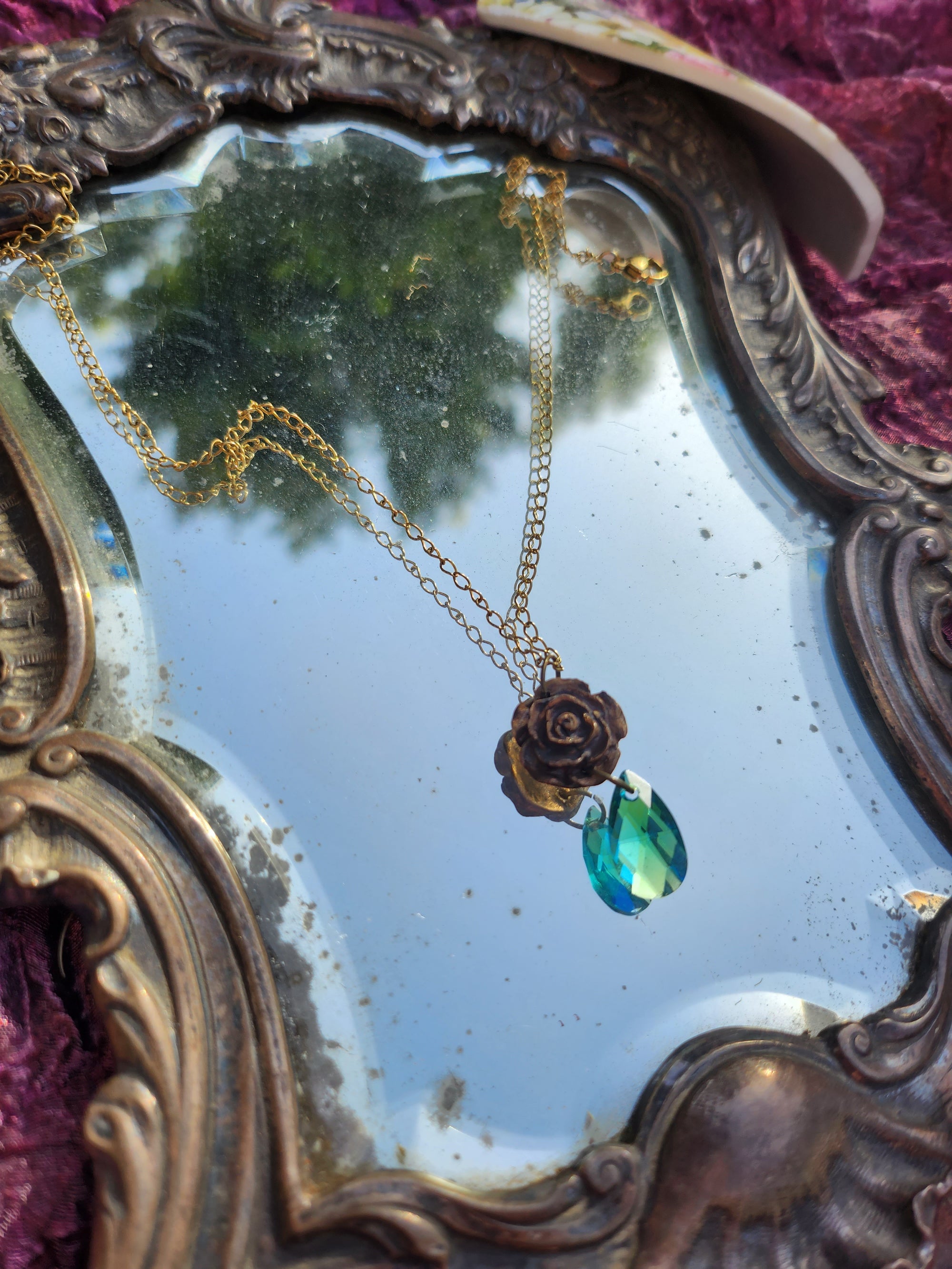 Handmade Bronze Rose Necklace with Emerald Blue Crystal – Bold Vintage Statement Jewelry