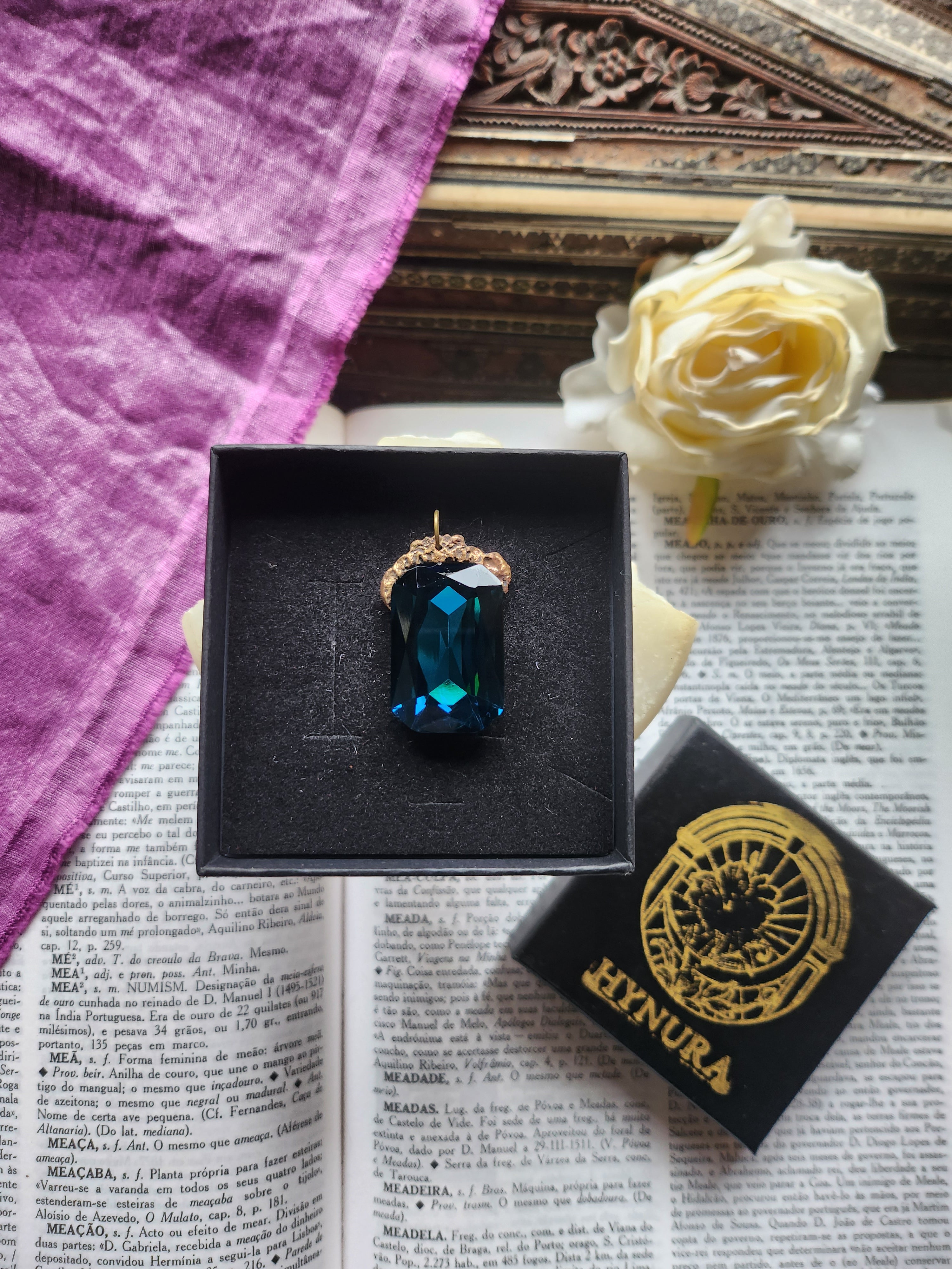 Mystic Baroque Collection - Handmade Bronze Pendant with Deep Blue Octagon Crystal