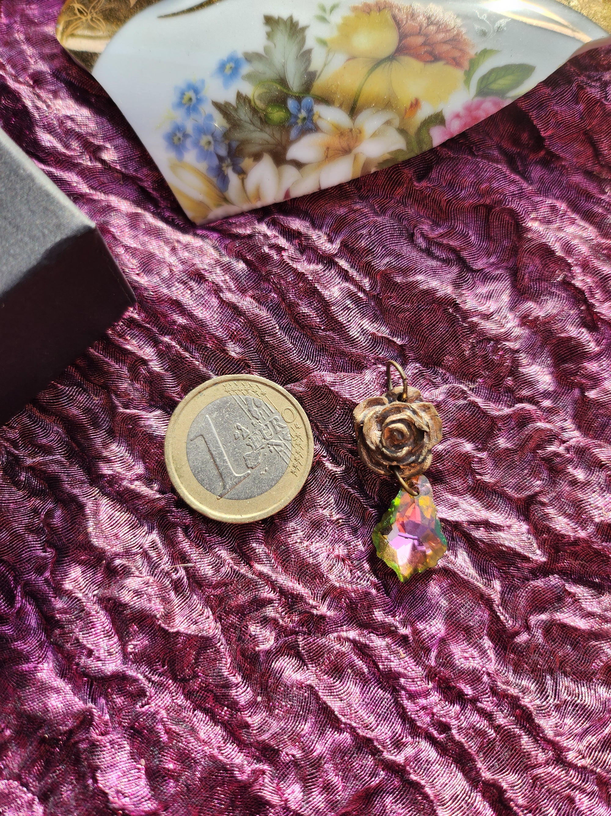 Handmade Bronze Rose Pendant with Pink Green Crystal – Vintage Boho Jewelry for Women