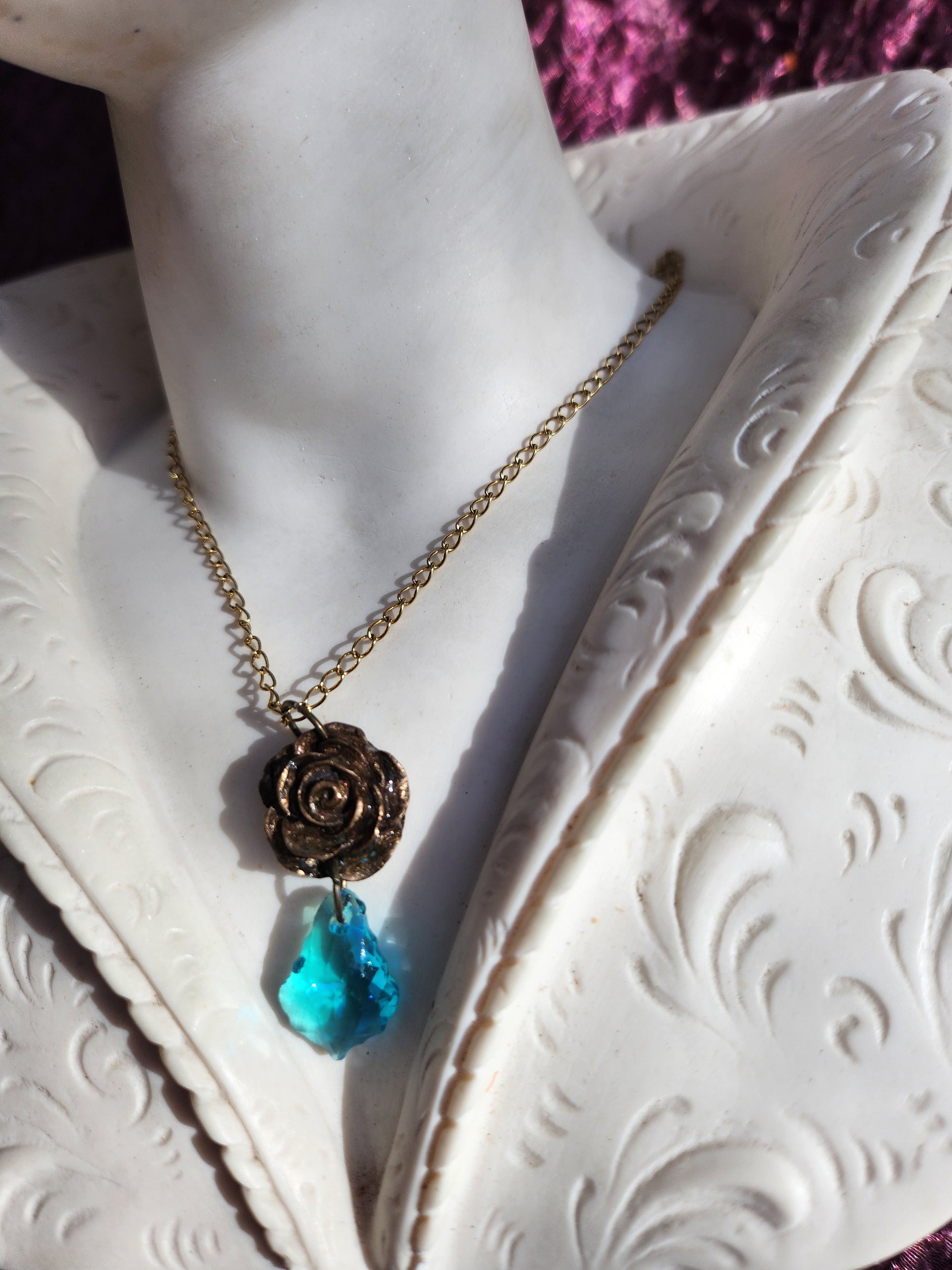 Handmade Bronze Rose Necklace with Light Blue Crystal – Boho Chic Summer Jewelry