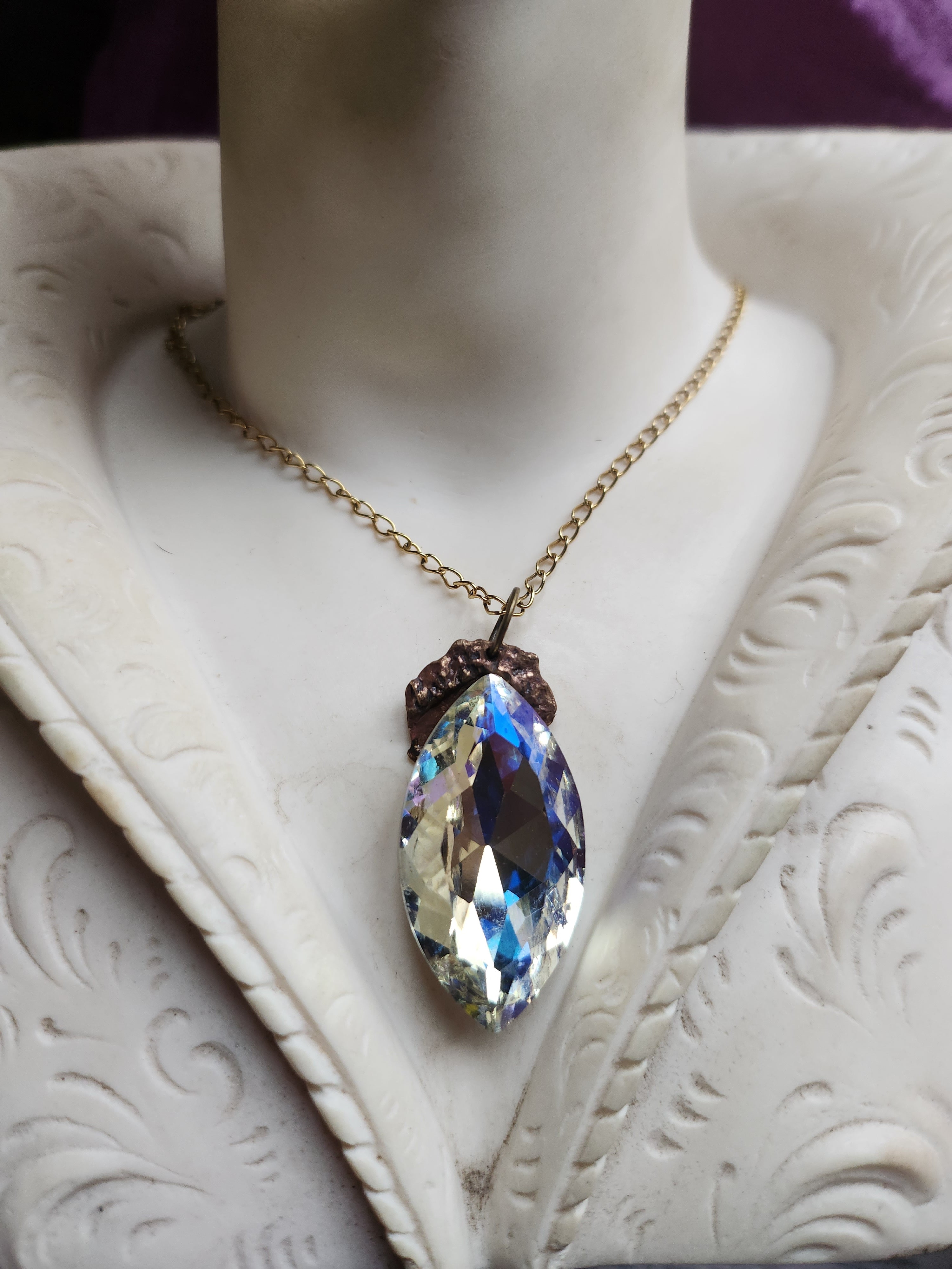 Mystic Baroque Collection - Handmade Bronze Pendant with Aurora Crystal Navette