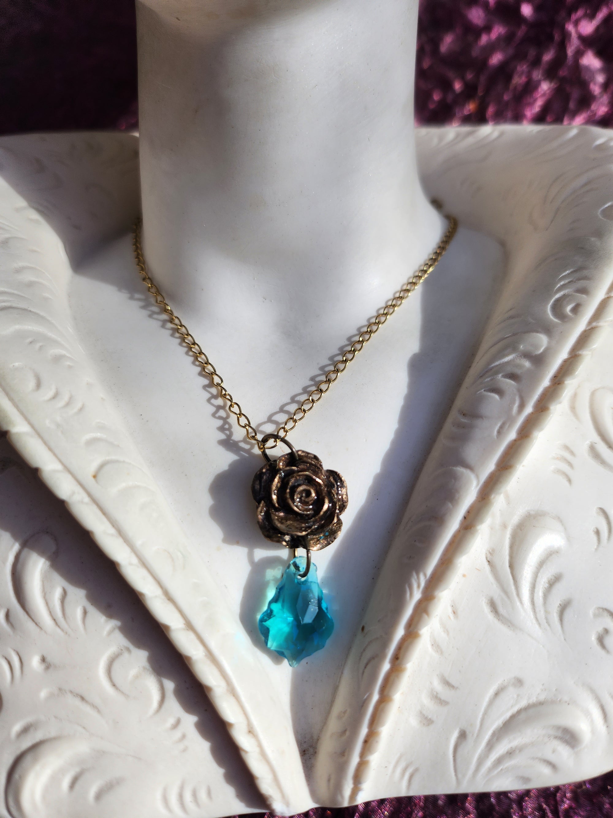Handmade Bronze Rose Necklace with Light Blue Crystal – Boho Chic Summer Jewelry