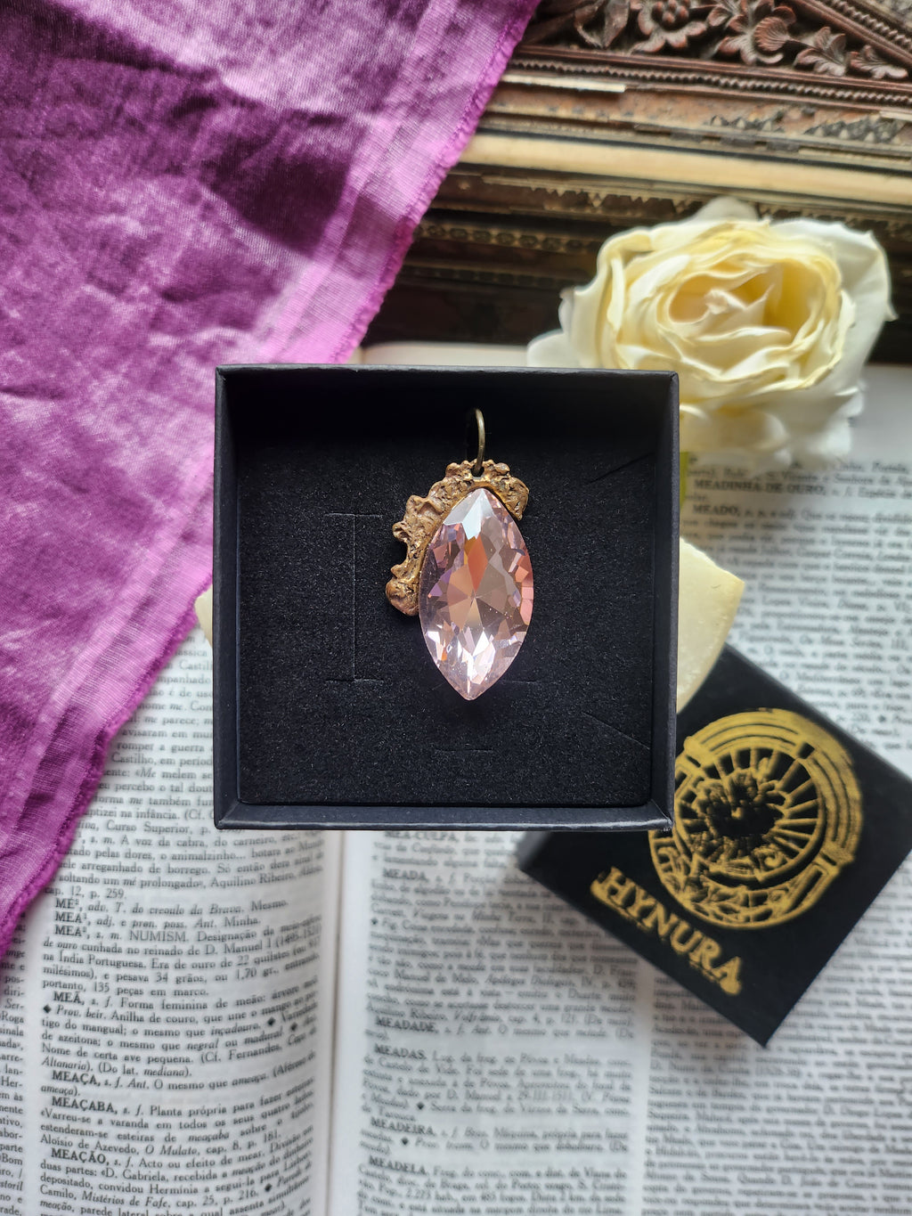 Mystic Baroque Collection – Handmade Bronze Pendant with Light Pink Crystal Navette