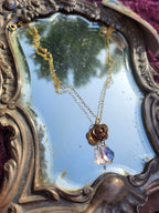 Handmade Bronze Rose Necklace with Soft Pink Crystal – Romantic Vintage Bridal Jewelry