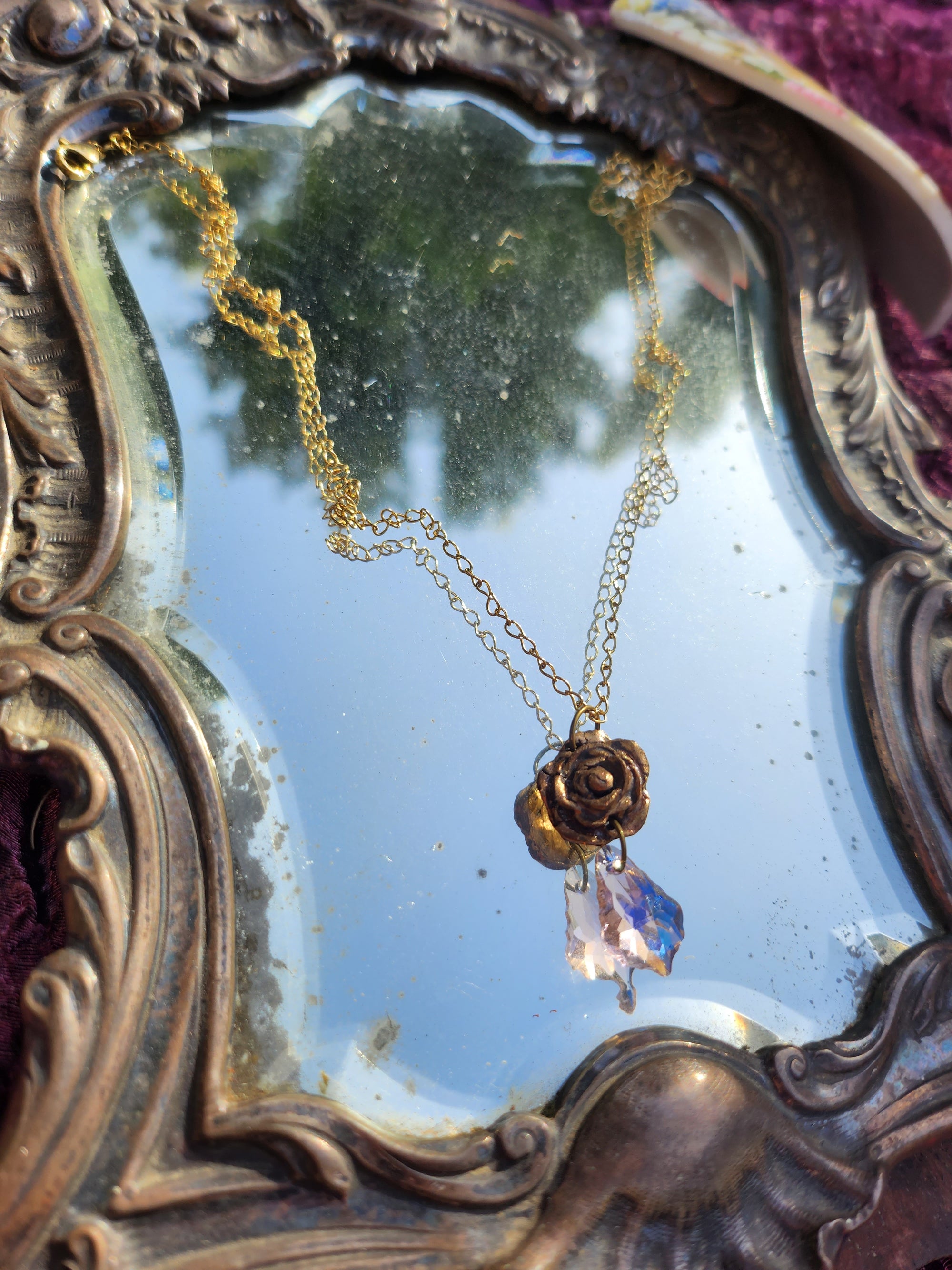 Handmade Bronze Rose Necklace with Soft Pink Crystal – Romantic Vintage Bridal Jewelry