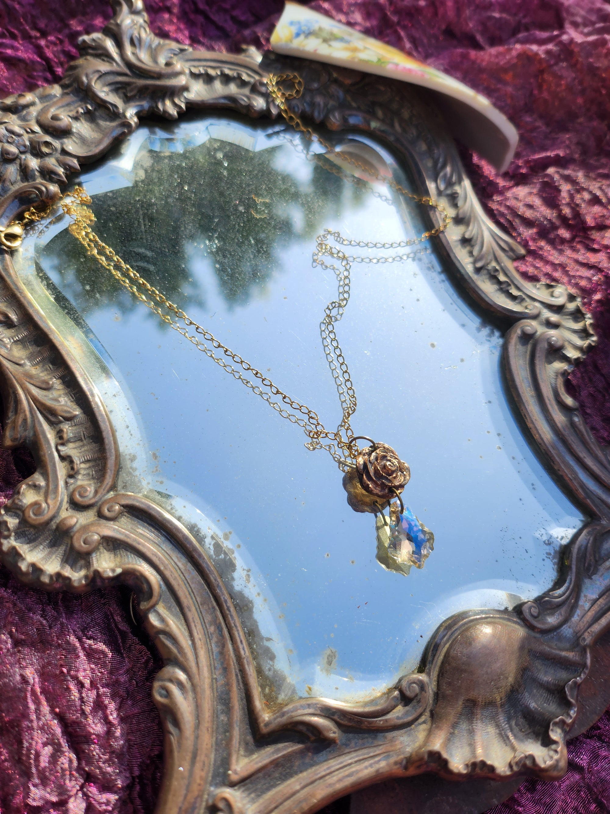 Handmade Bronze Rose Necklace with White Crystal – Elegant Vintage Wedding Jewelry