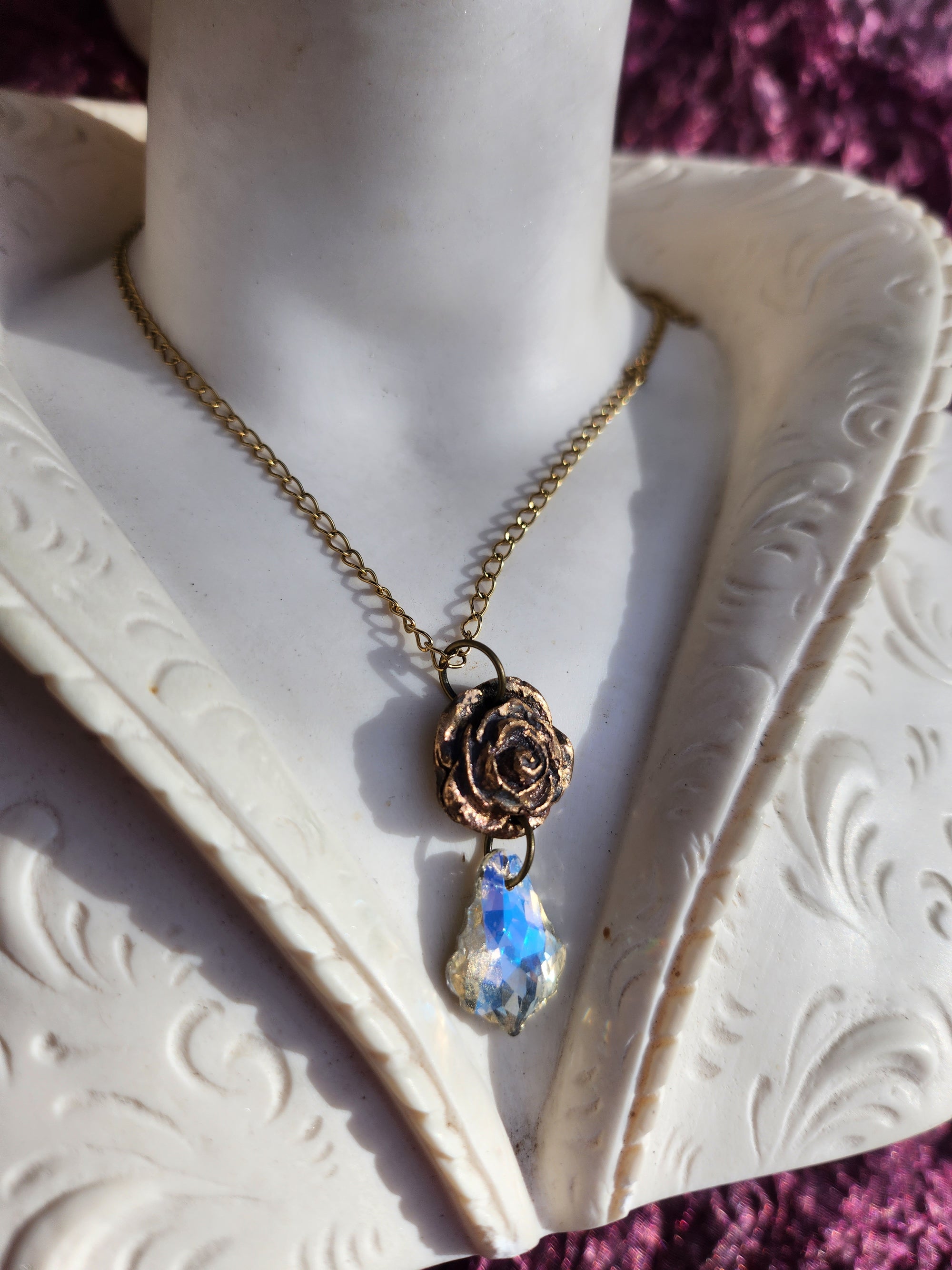 Handmade Bronze Rose Necklace with White Crystal – Elegant Vintage Wedding Jewelry