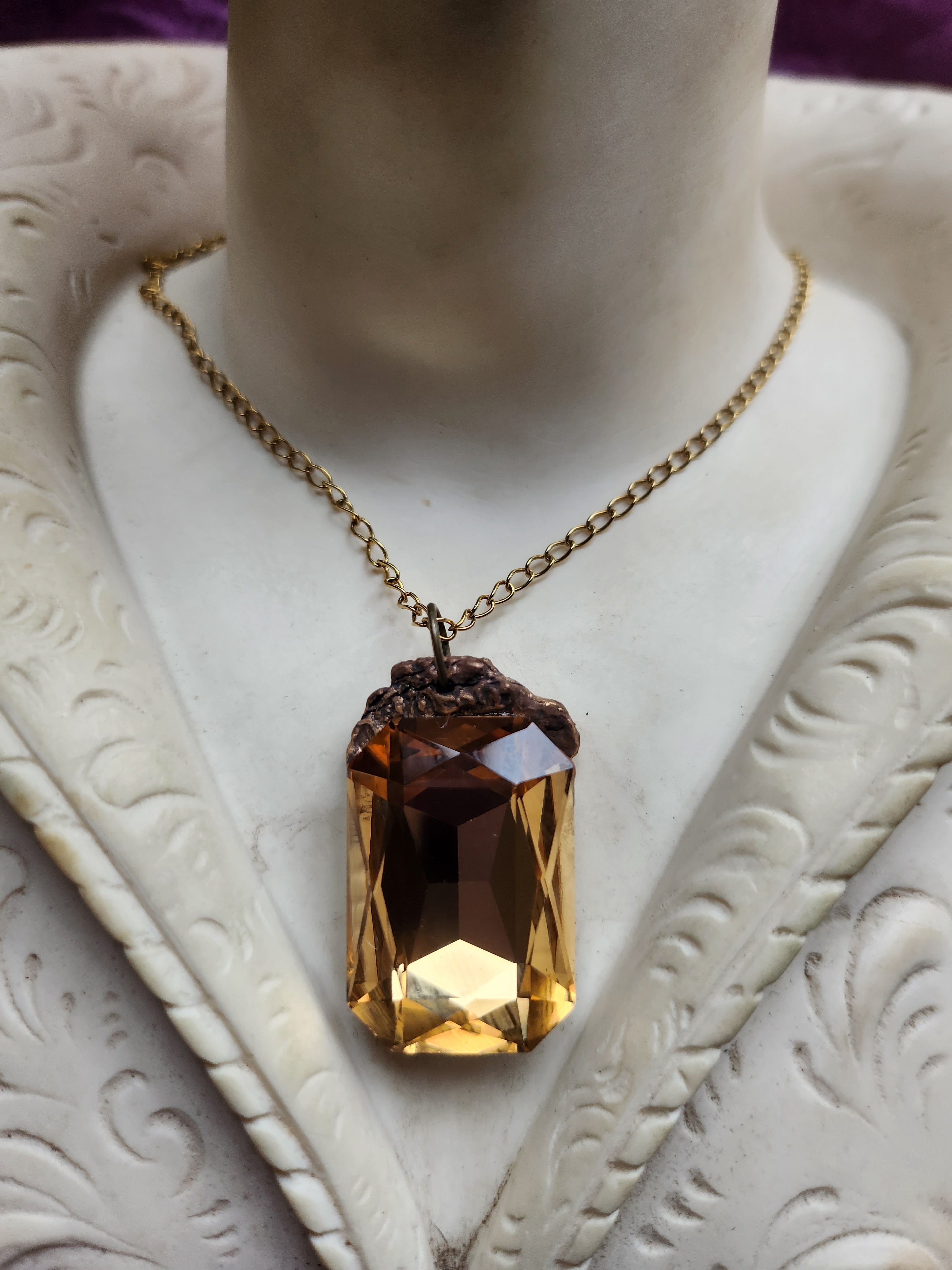 Mystic Baroque Collection - Handmade Bronze Pendant with Light Golden Octagon Crystal
