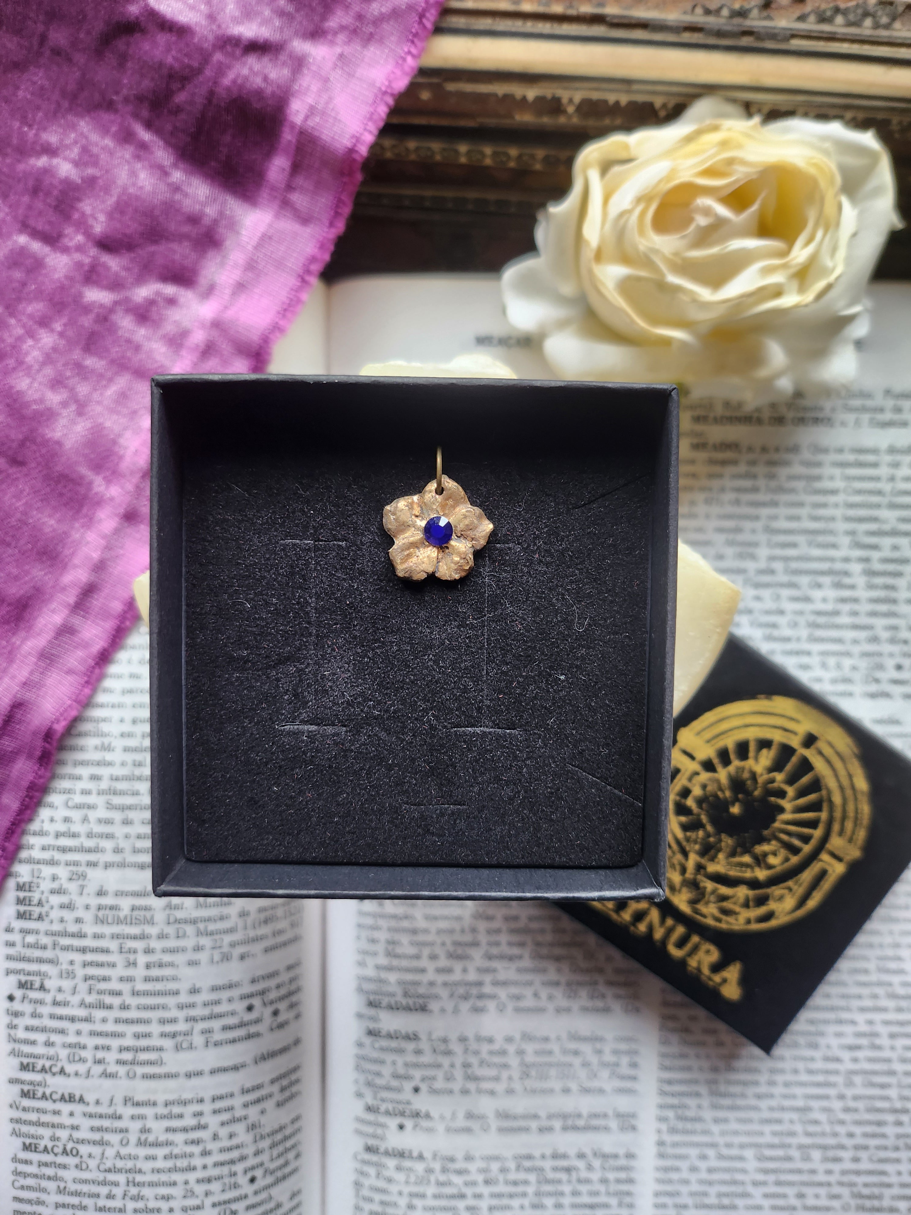 Eternal Bloom Collection – Handmade Bronze Flower Pendant with Royal Blue Crystal