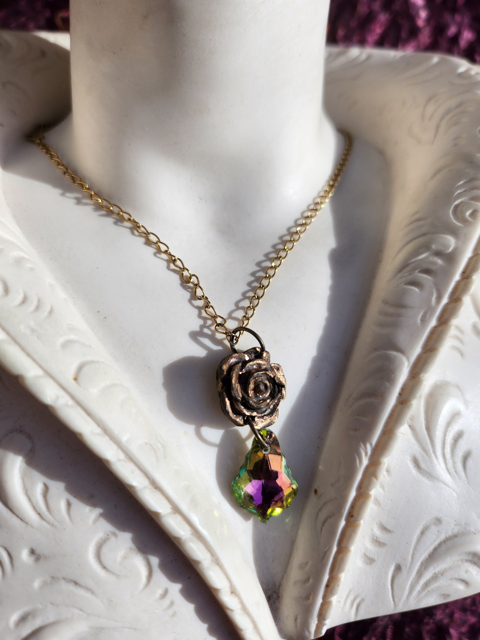 Handmade Bronze Rose Pendant with Pink Green Crystal – Vintage Boho Jewelry for Women