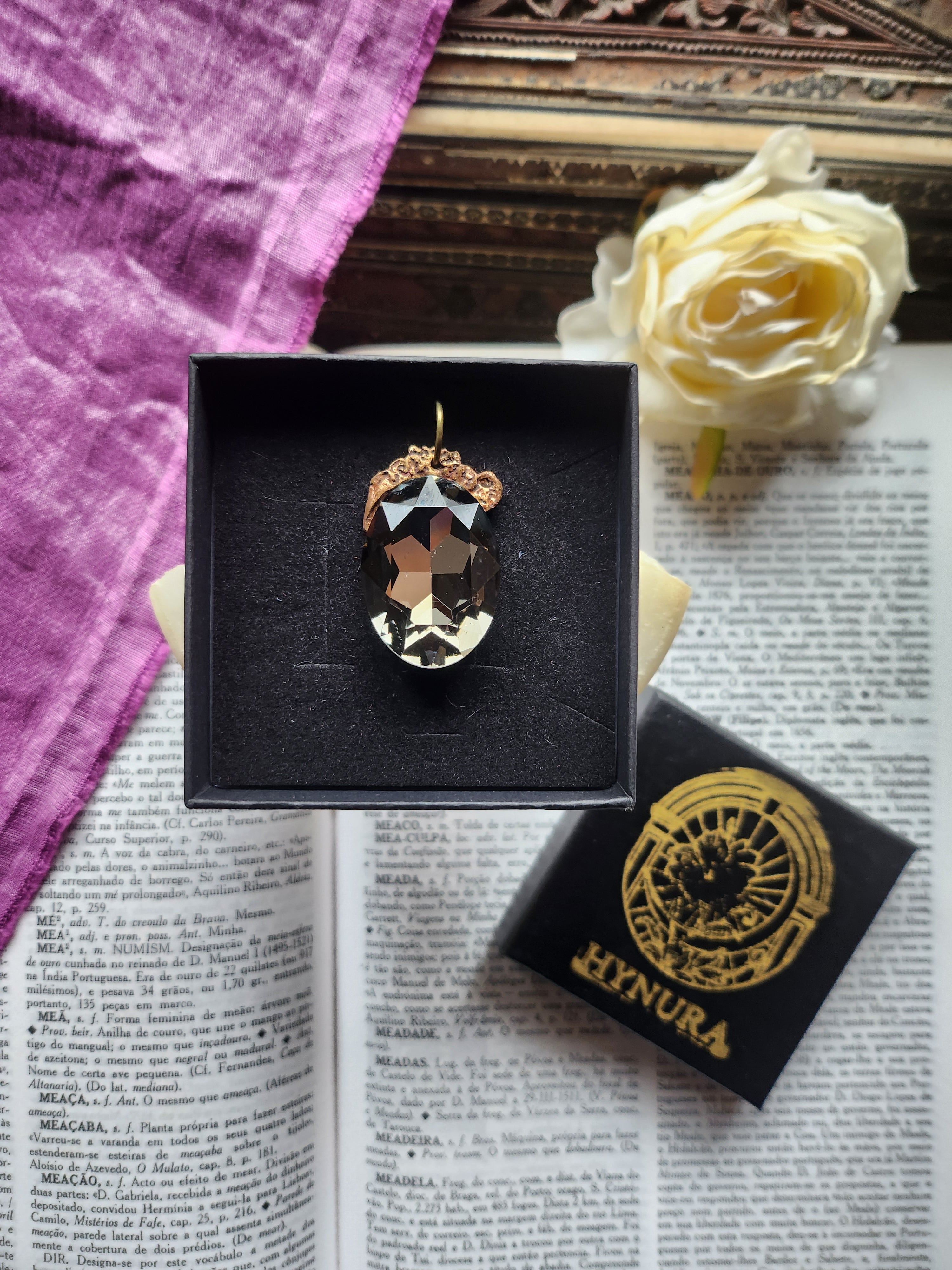 Mystic Baroque Collection – Handmade Bronze Pendant with Grey Oval Crystal