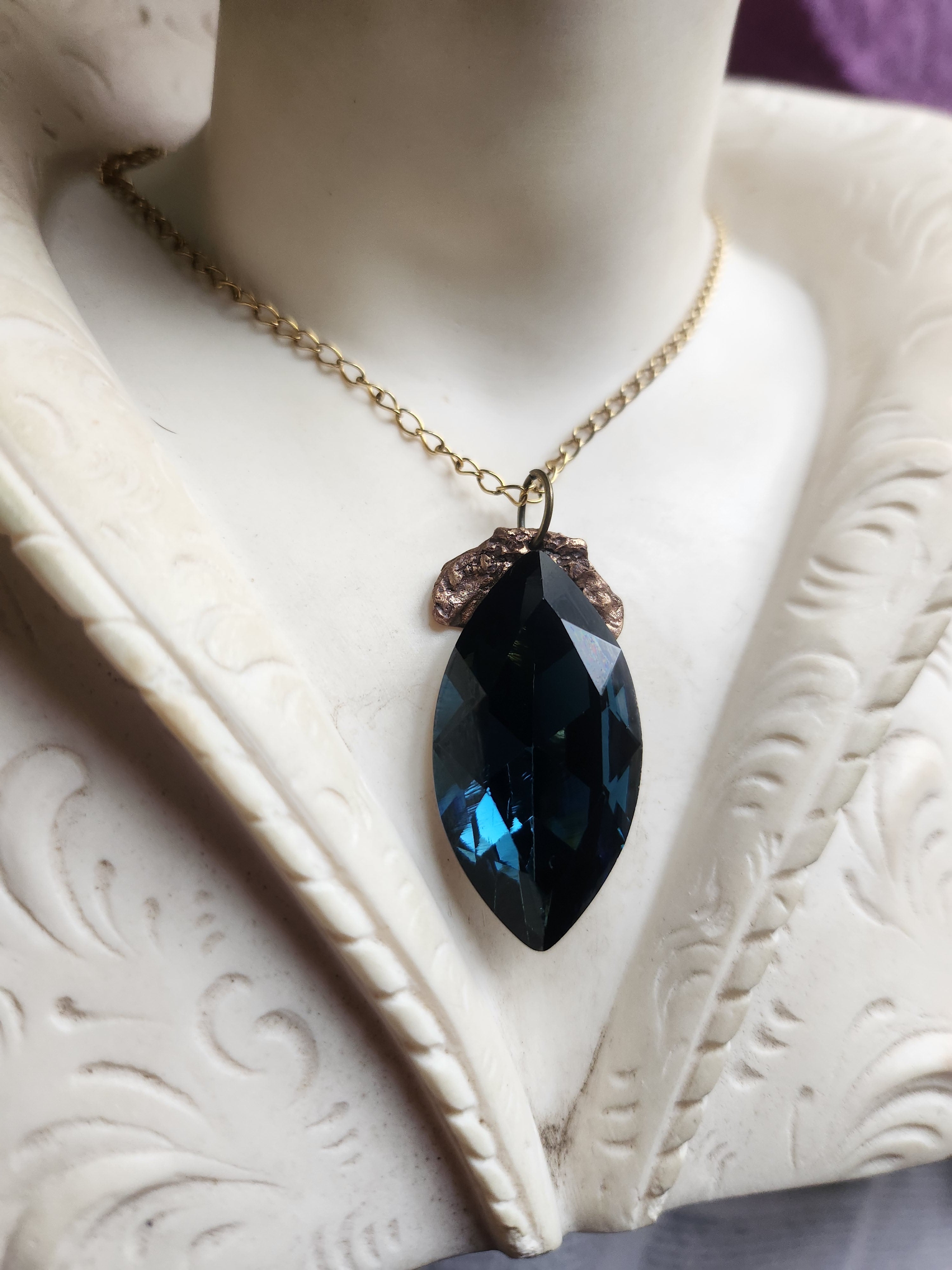 Mystic Baroque Collection - Handmade Bronze Pendant with Deep Teel Crystal Navette