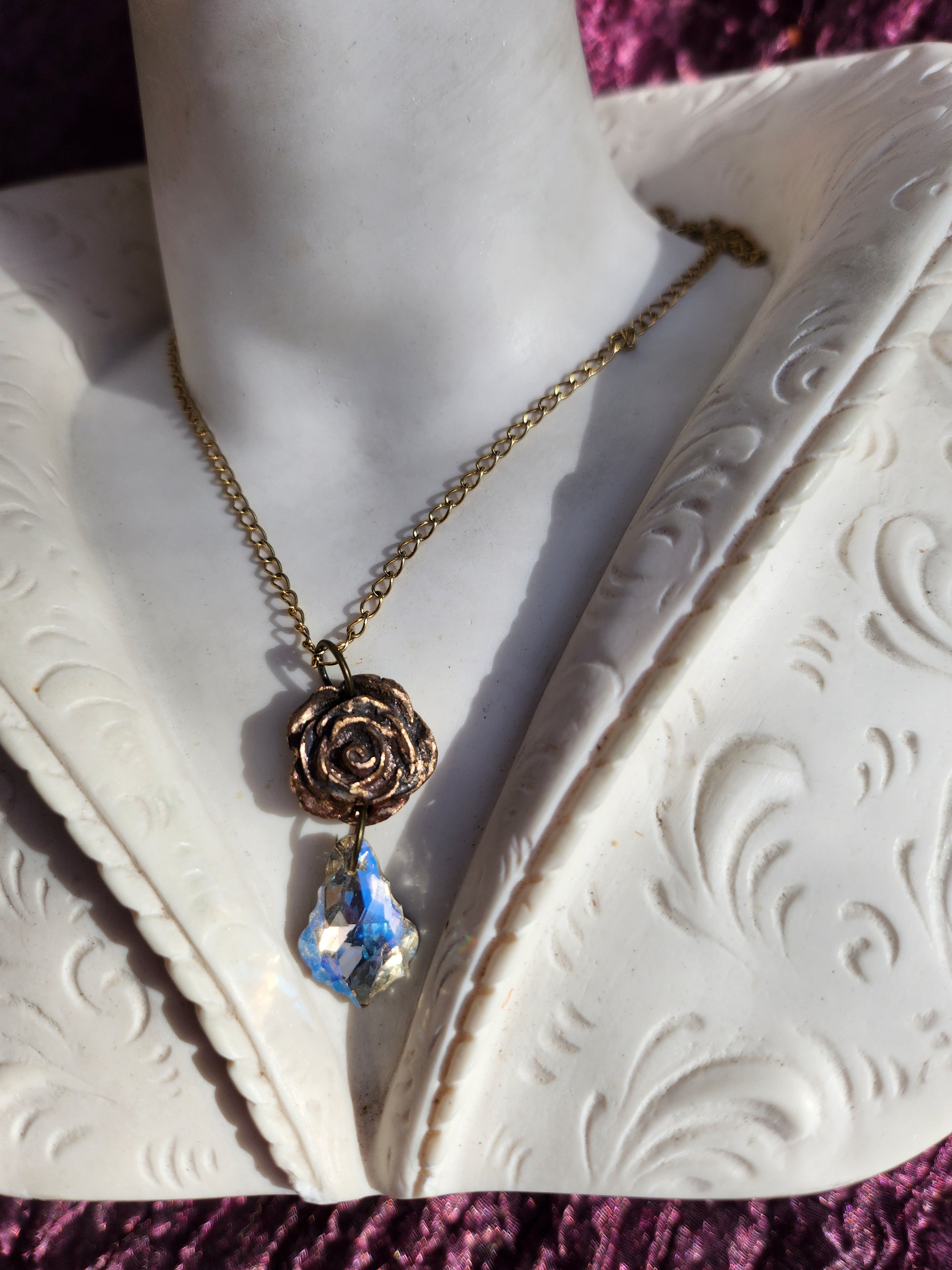 Handmade Bronze Rose Necklace with White Crystal – Elegant Vintage Wedding Jewelry