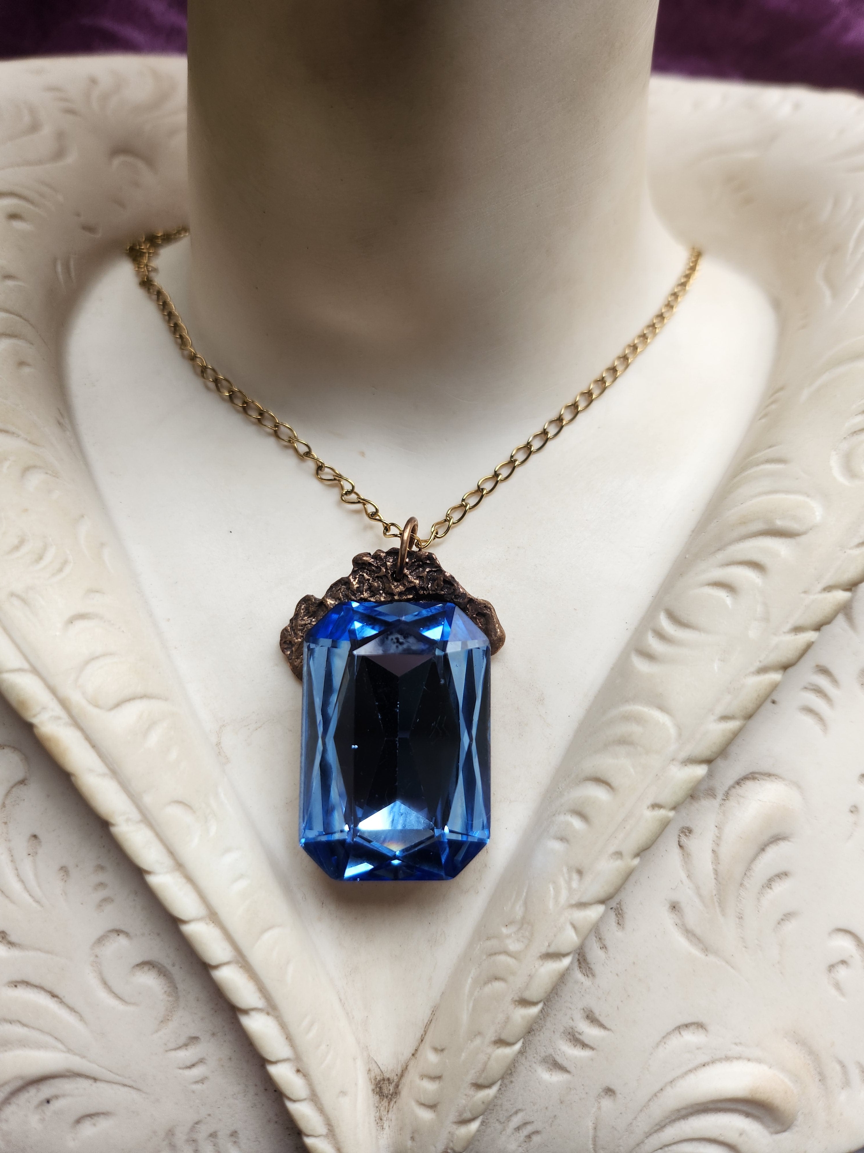 Mystic Baroque Collection - Handmade Bronze Pendant with Light Blue Octagon Crystal