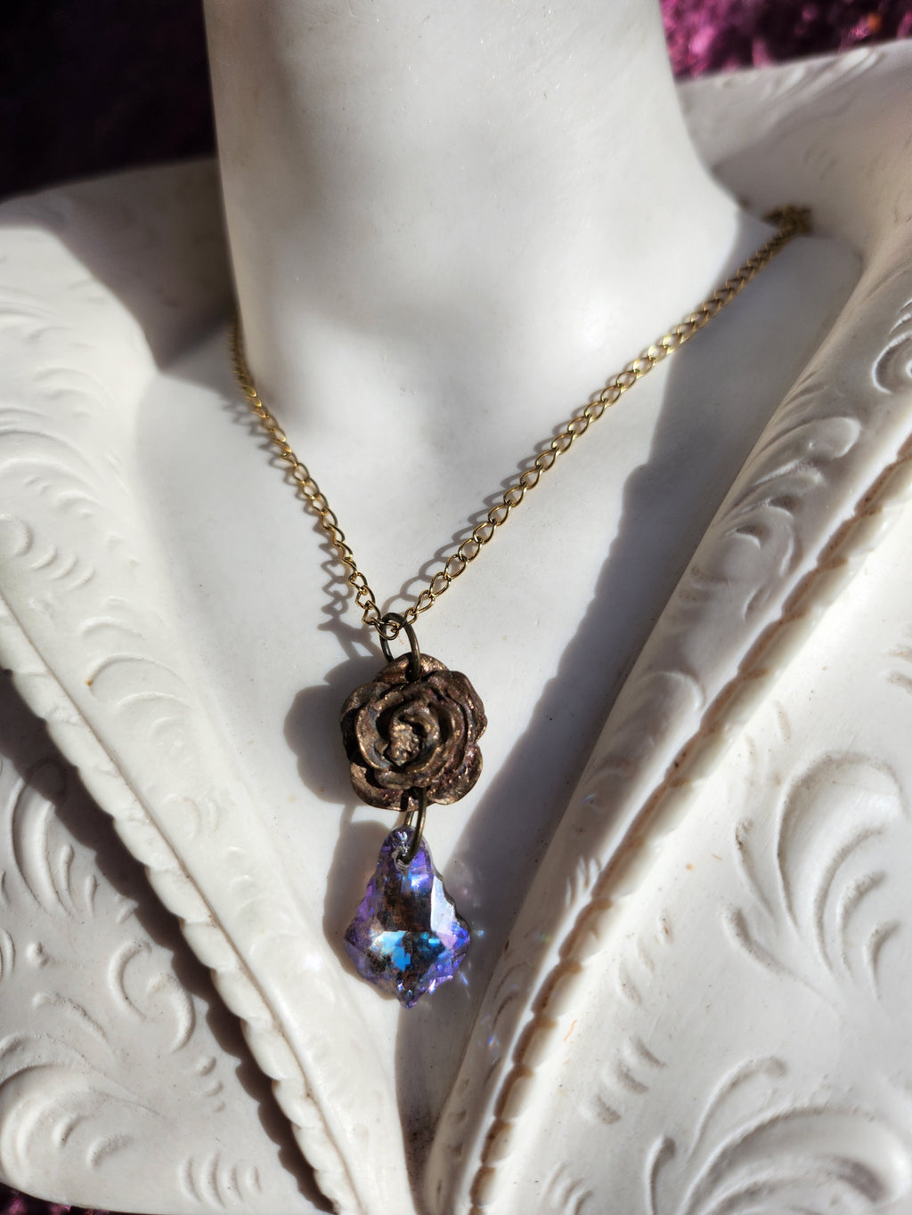 Handmade Bronze Rose Necklace with Lilac Crystal – Whimsical Fairycore Jewelry