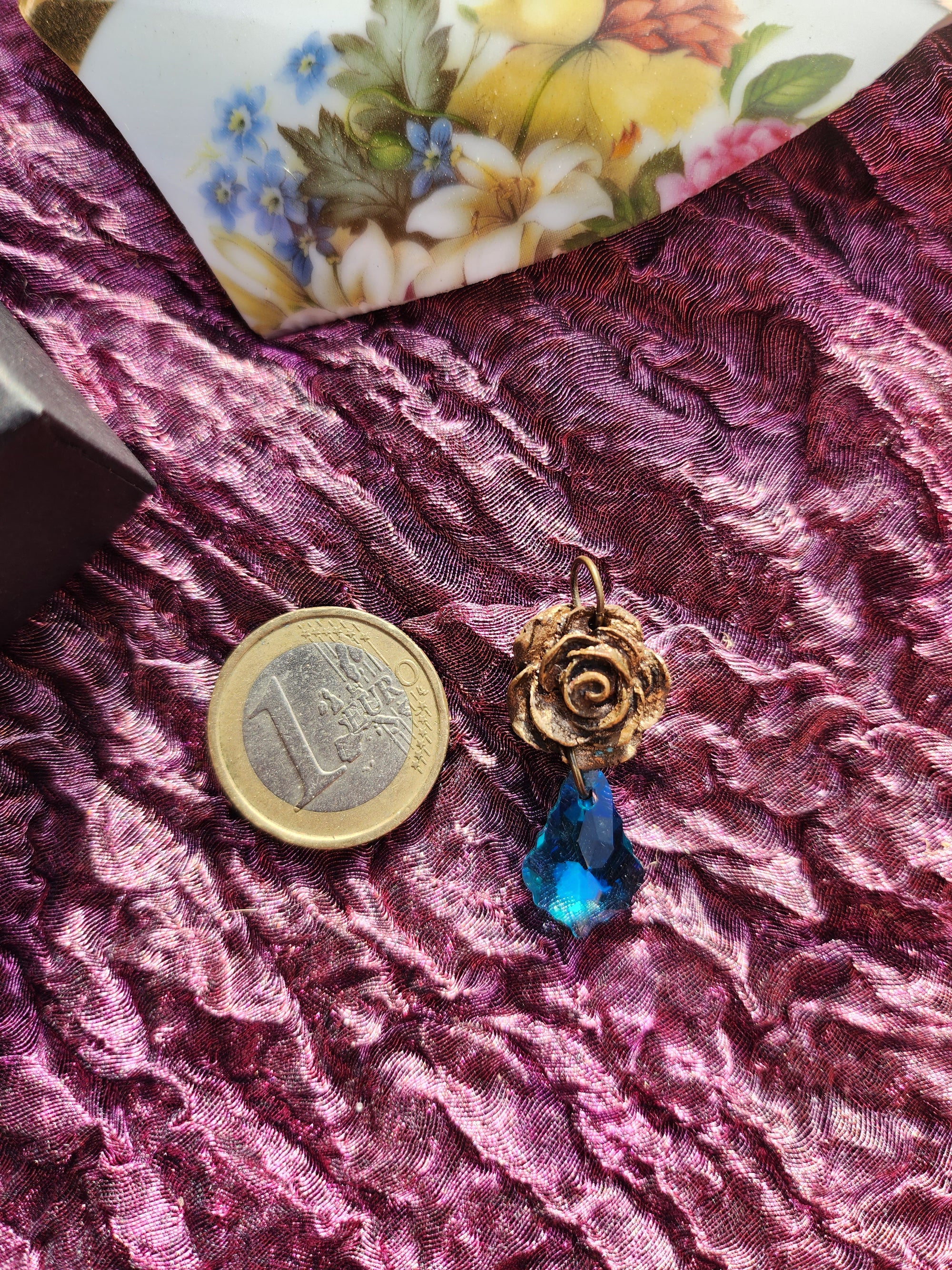 Handmade Bronze Rose Necklace with Light Blue Crystal – Boho Chic Summer Jewelry