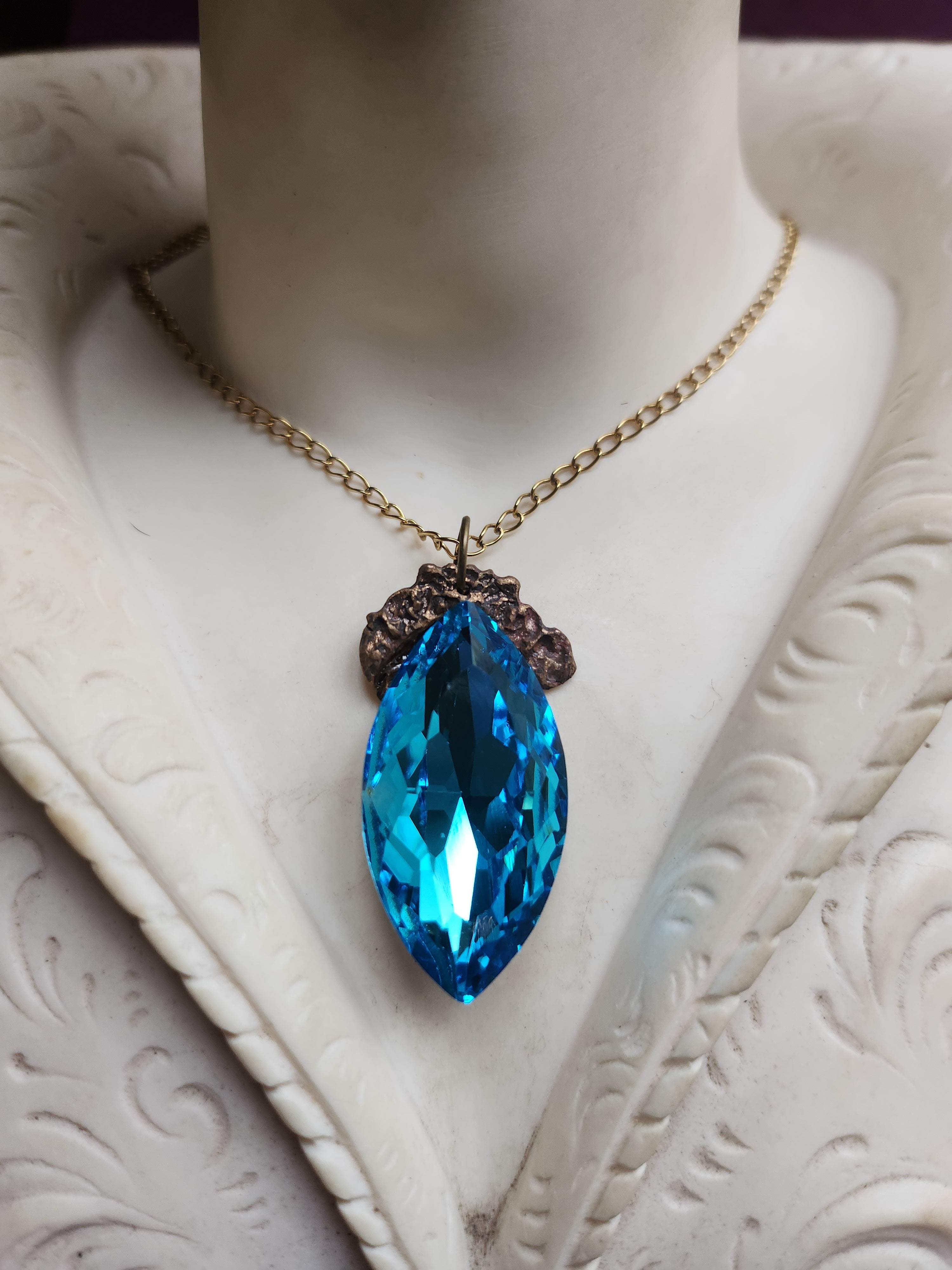 Mystic Baroque Collection - Handmade Bronze Pendant with Electric Blue Crystal Navette
