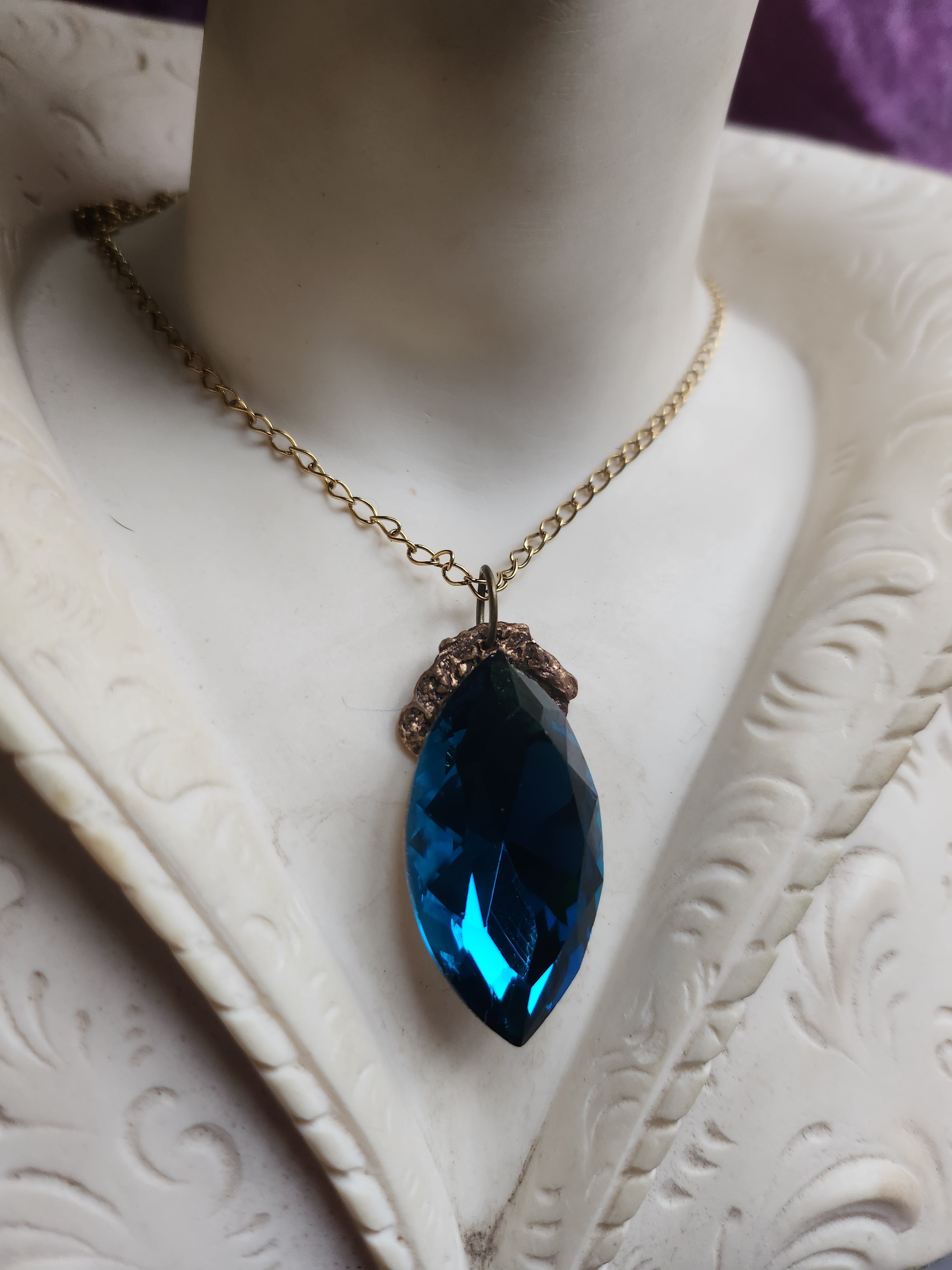 Mystic Baroque Collection - Handmade Bronze Pendant with Blue Crystal Navette
