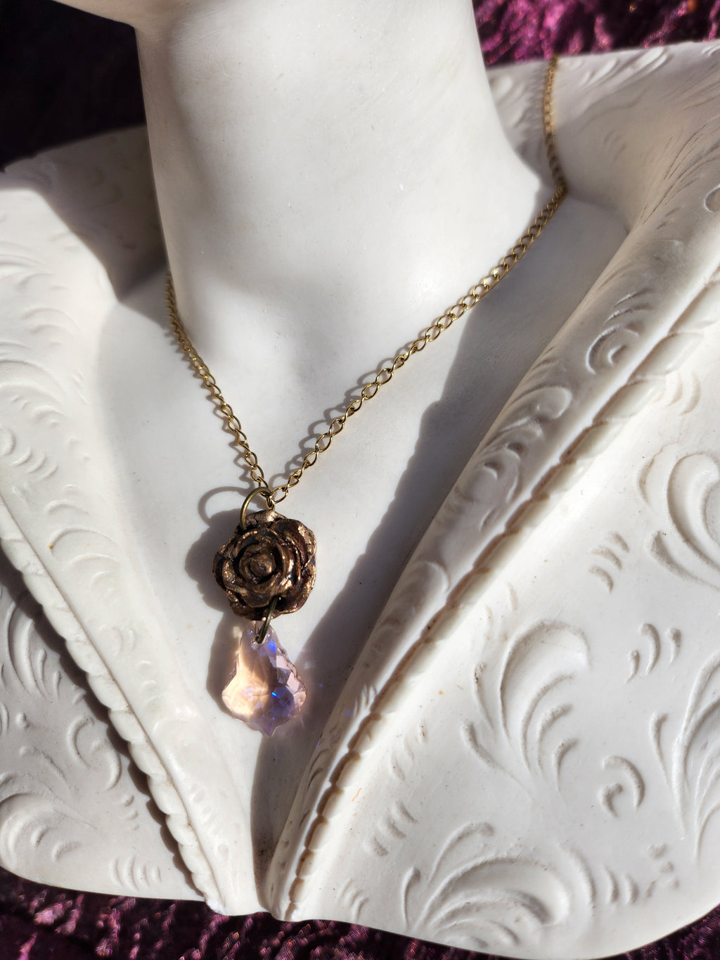 Handmade Bronze Rose Necklace with Soft Pink Crystal – Romantic Vintage Bridal Jewelry