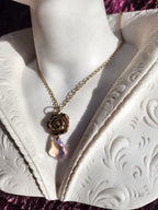 Handmade Bronze Rose Necklace with Soft Pink Crystal – Romantic Vintage Bridal Jewelry